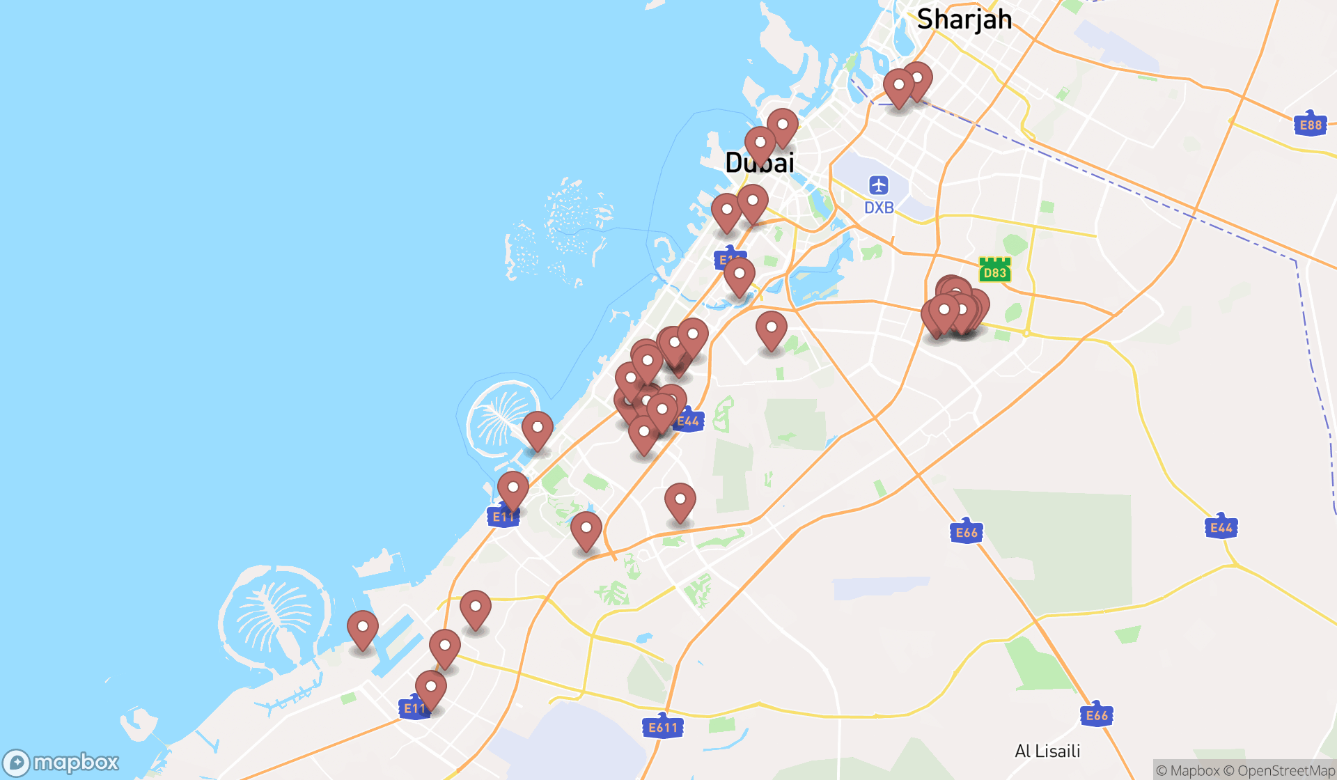 Map showing the search results in Dubai