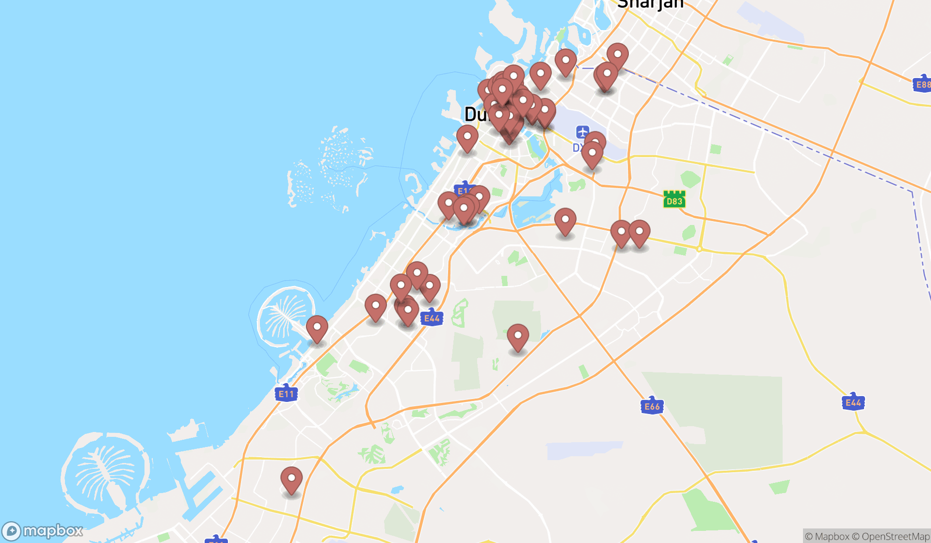 Map showing the search results in Dubai