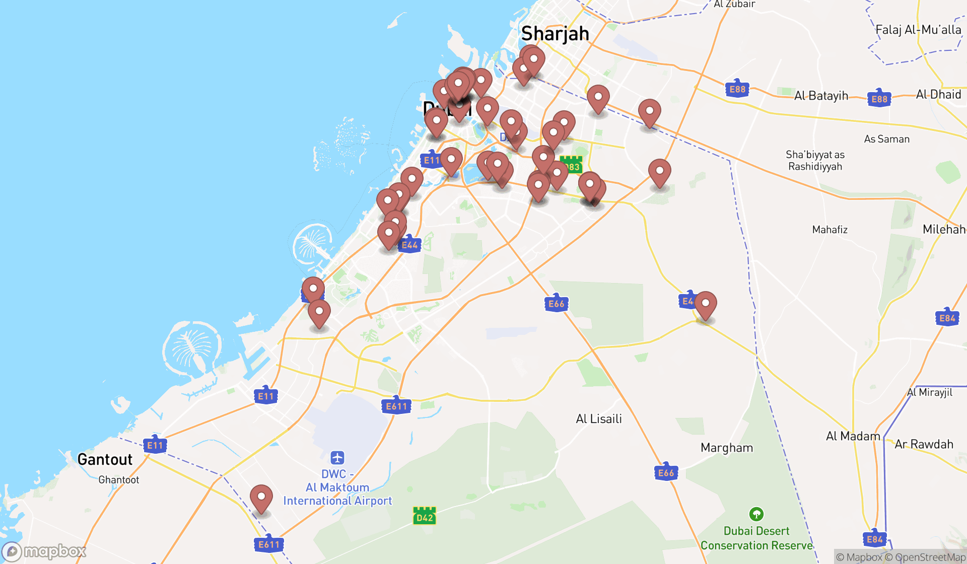 Map showing the search results in Dubai