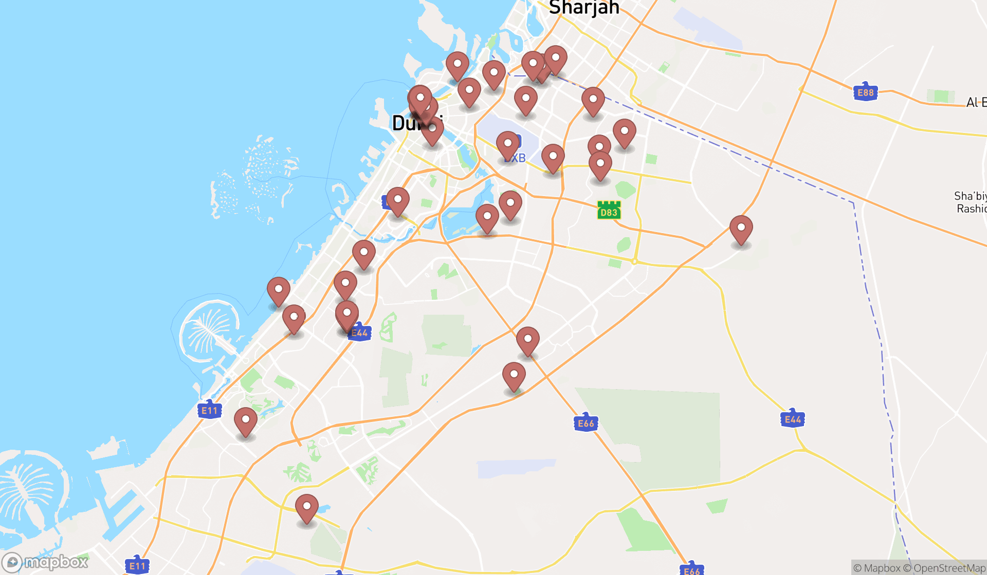 Map showing the search results in Dubai