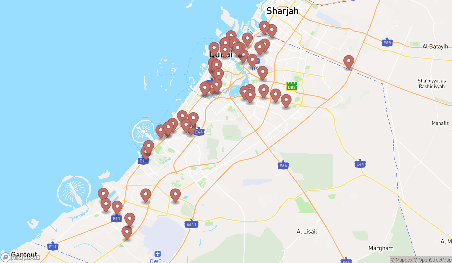 Map showing the search results in Dubai