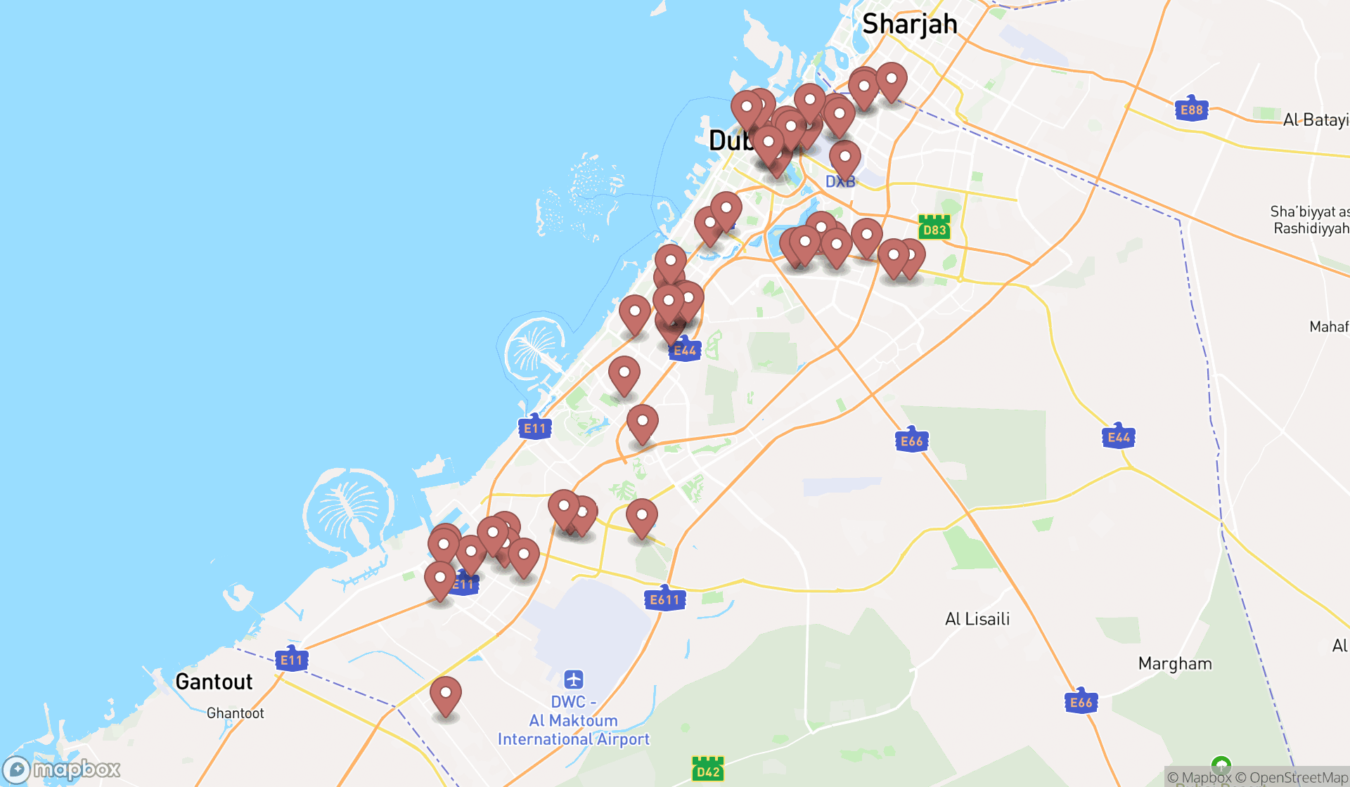 Map showing the search results in Dubai
