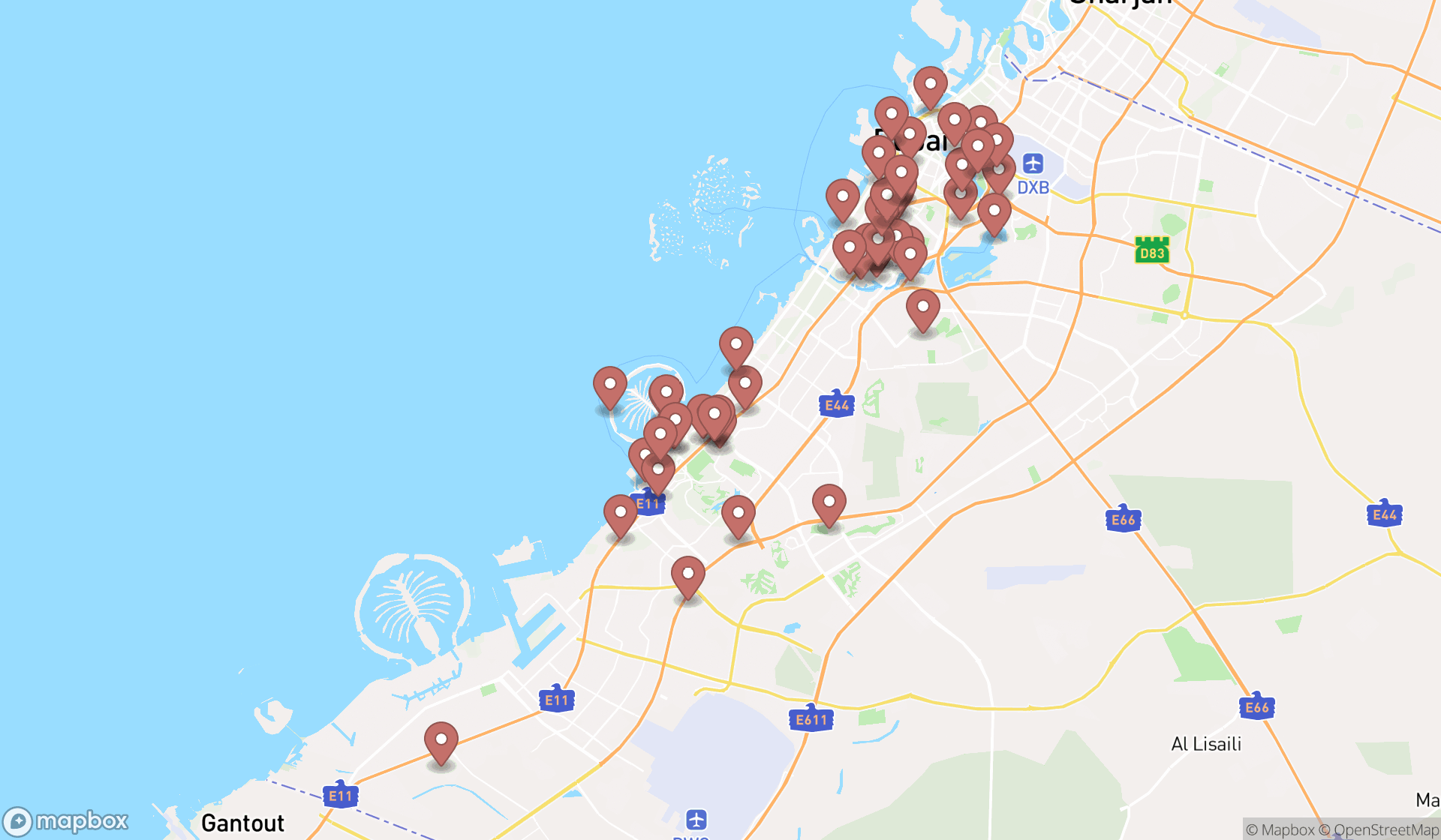 Map showing the search results in Dubai