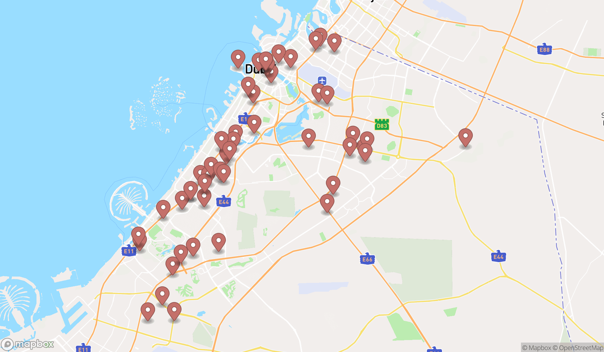 Map showing the search results in Dubai