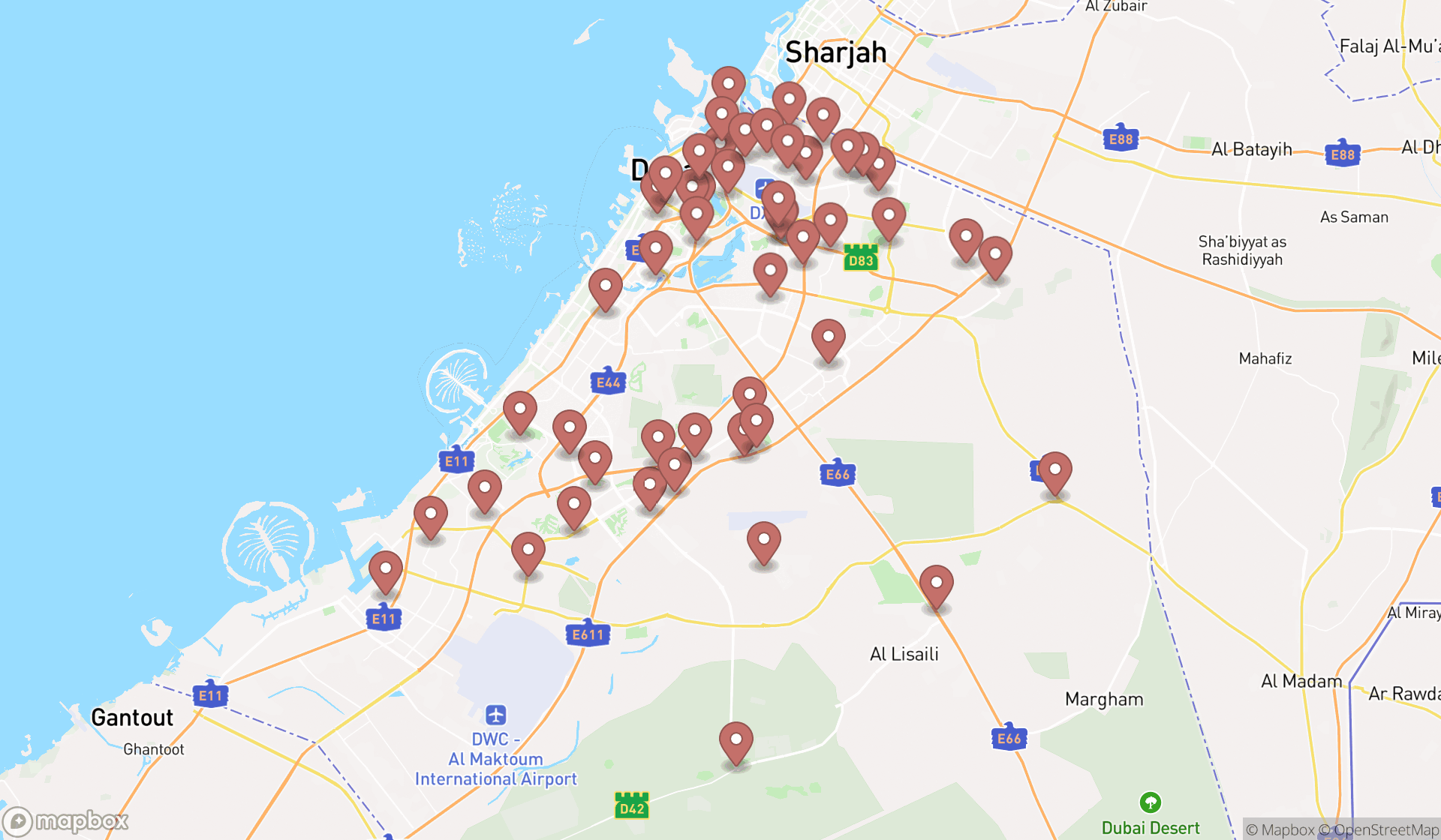 Map showing the search results in Dubai