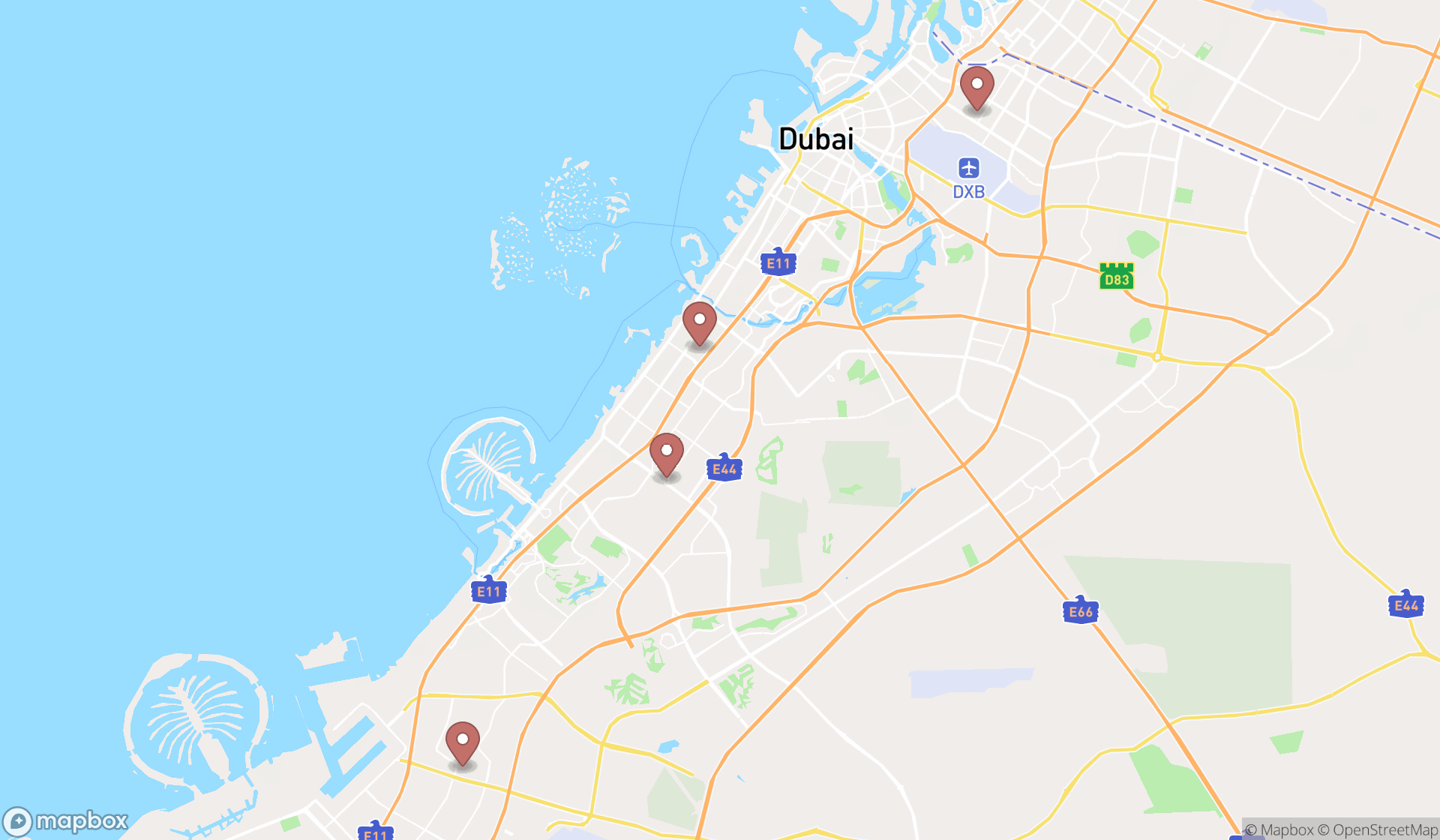 Map showing the search results in Dubai