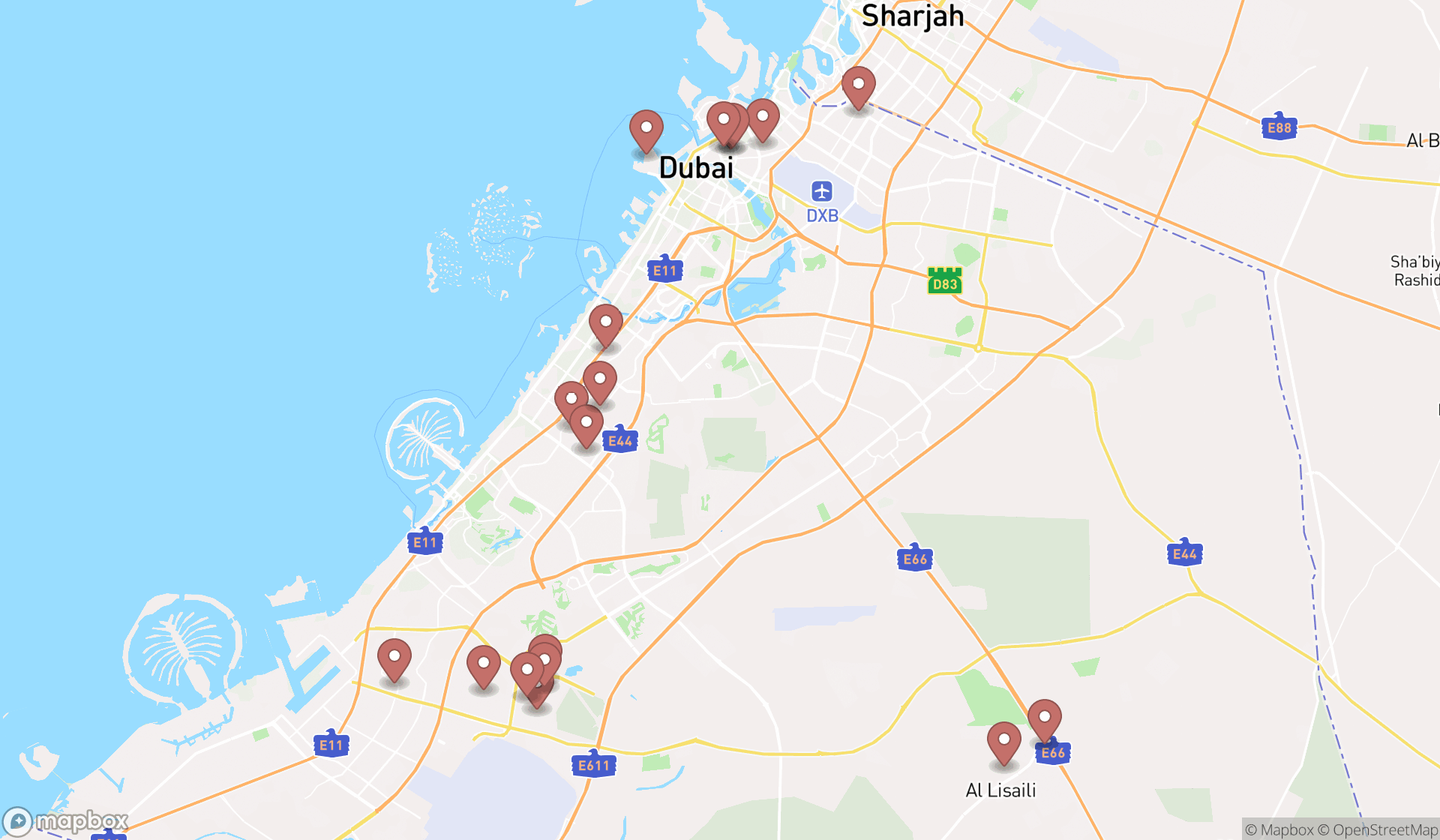 Map showing the search results in Dubai