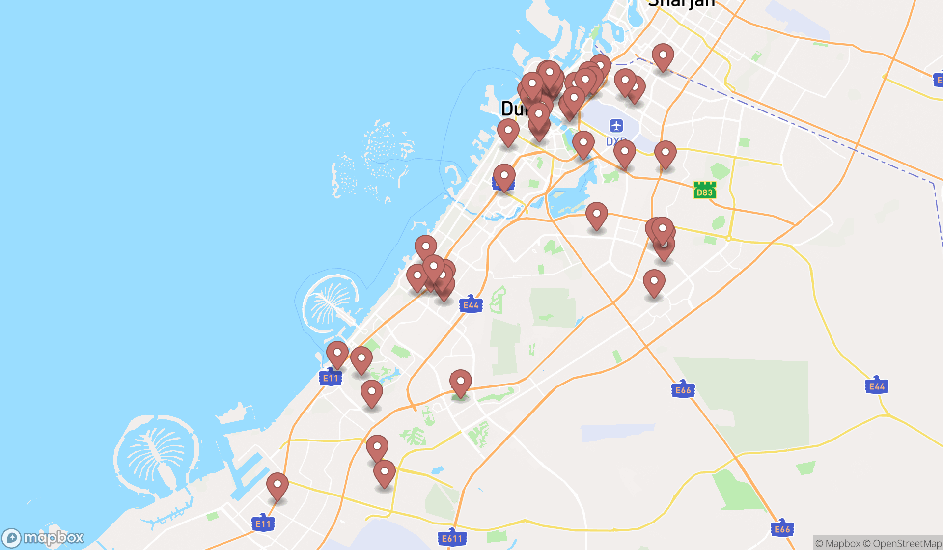 Map showing the search results in Dubai