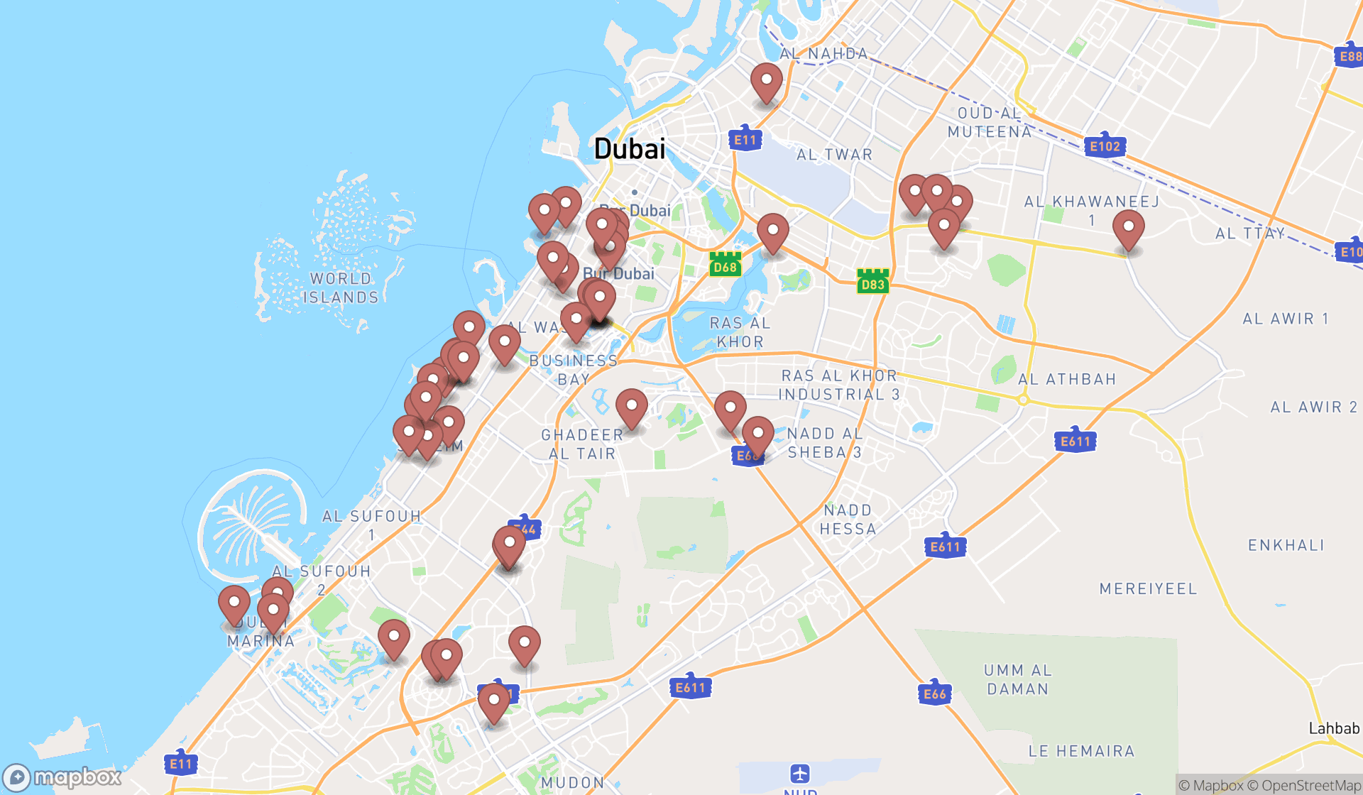 Map showing the search results in Dubai