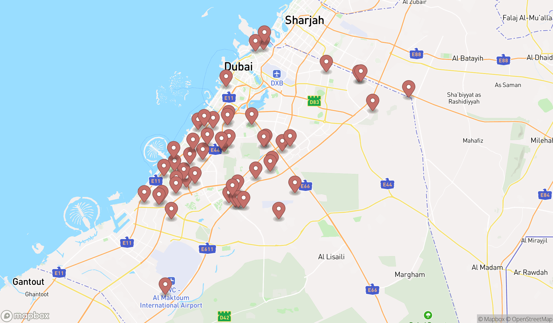 Map showing the search results in Dubai