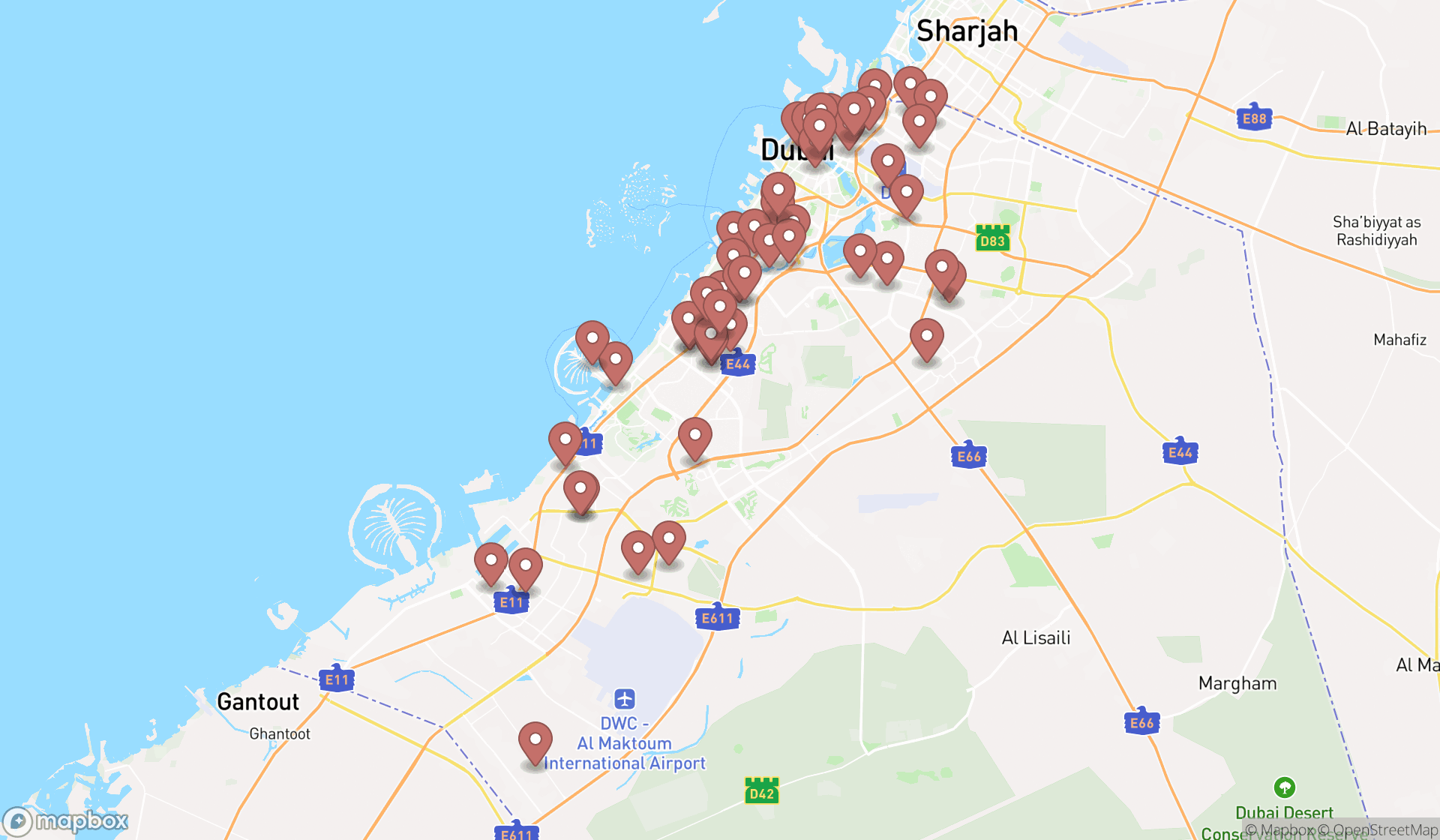 Map showing the search results in Dubai