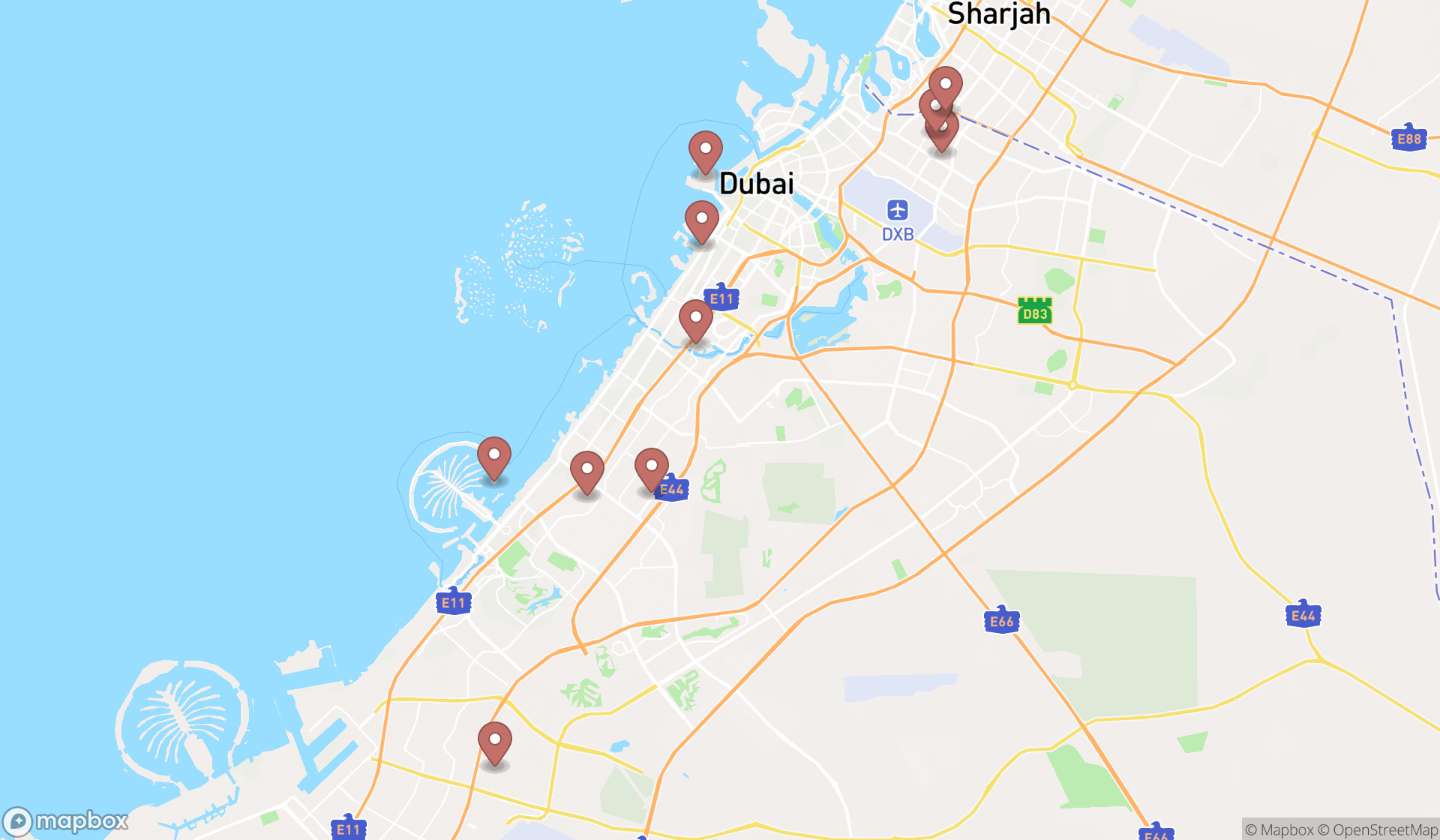 Map showing the search results in Dubai