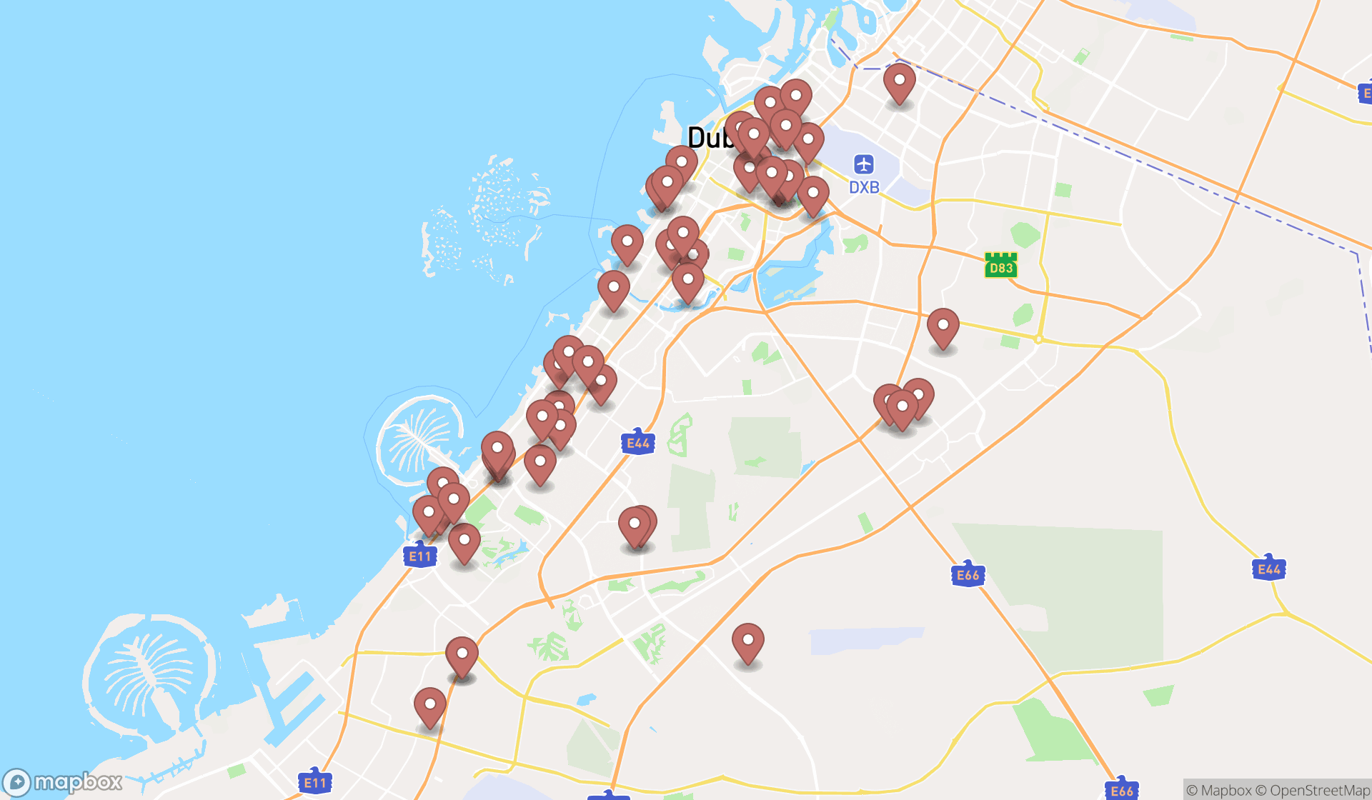 Map showing the search results in Dubai