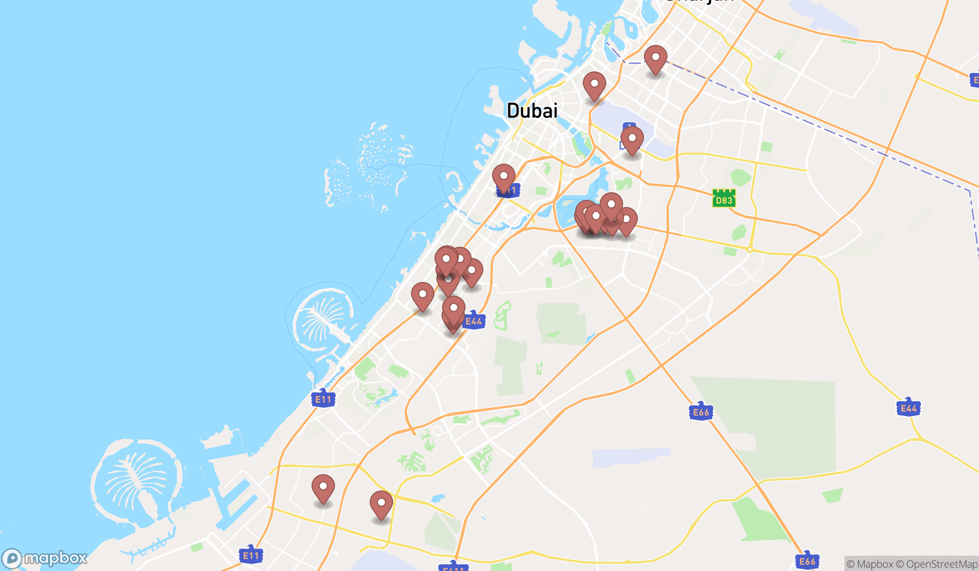 Map showing the search results in Dubai
