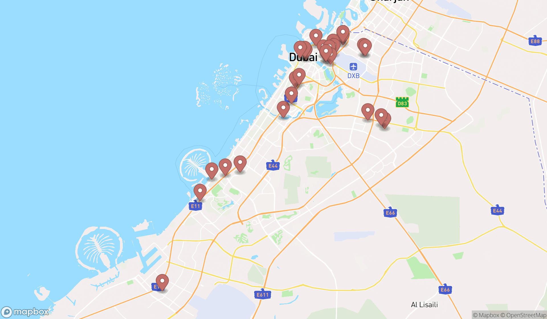Map showing the search results in Dubai