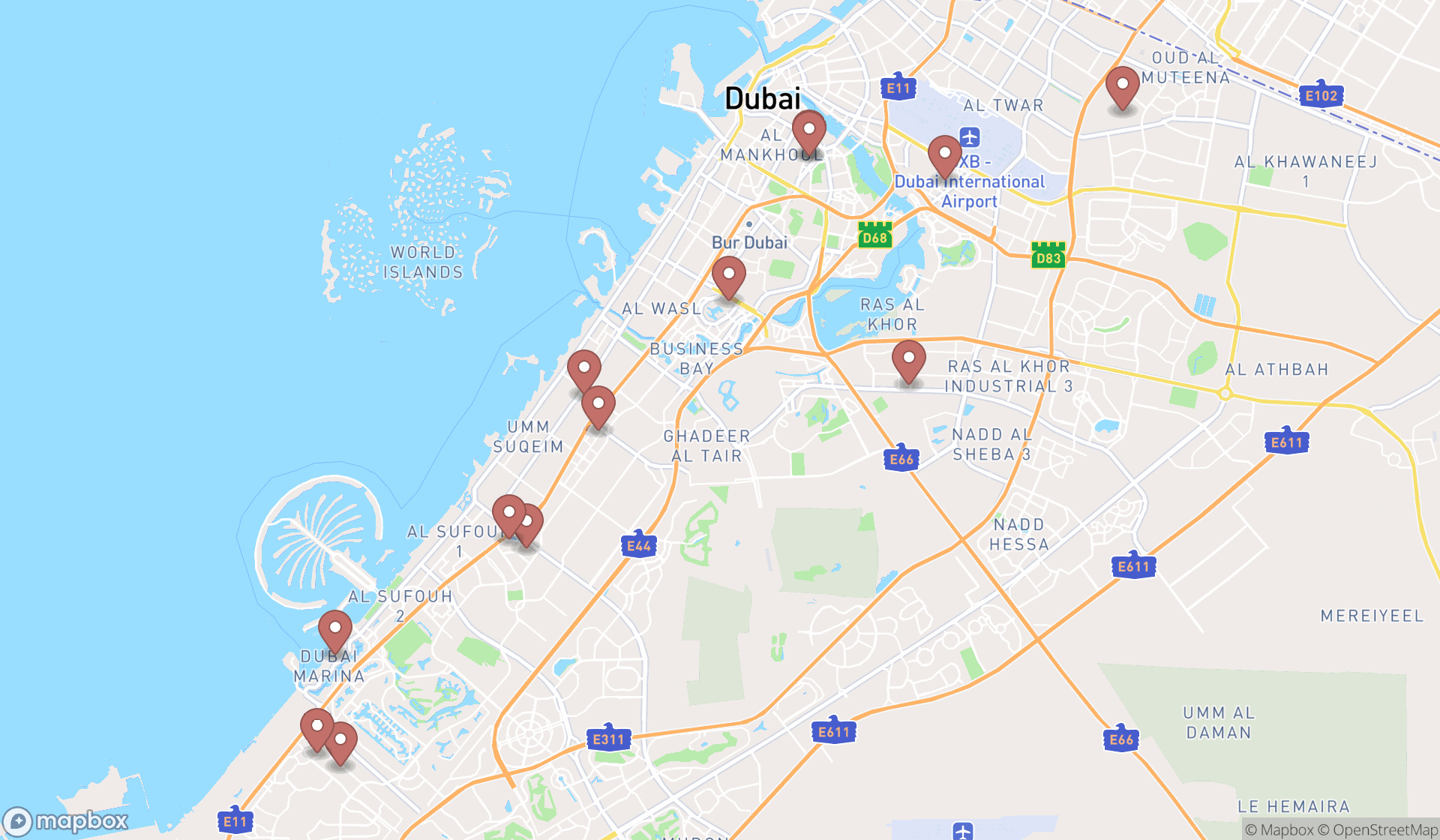 Map showing the search results in Dubai