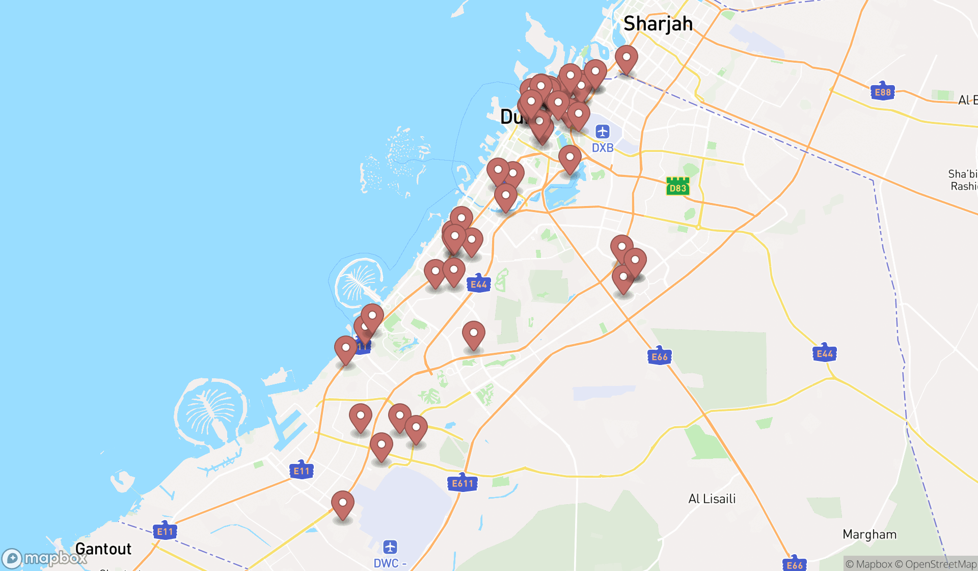 Map showing the search results in Dubai