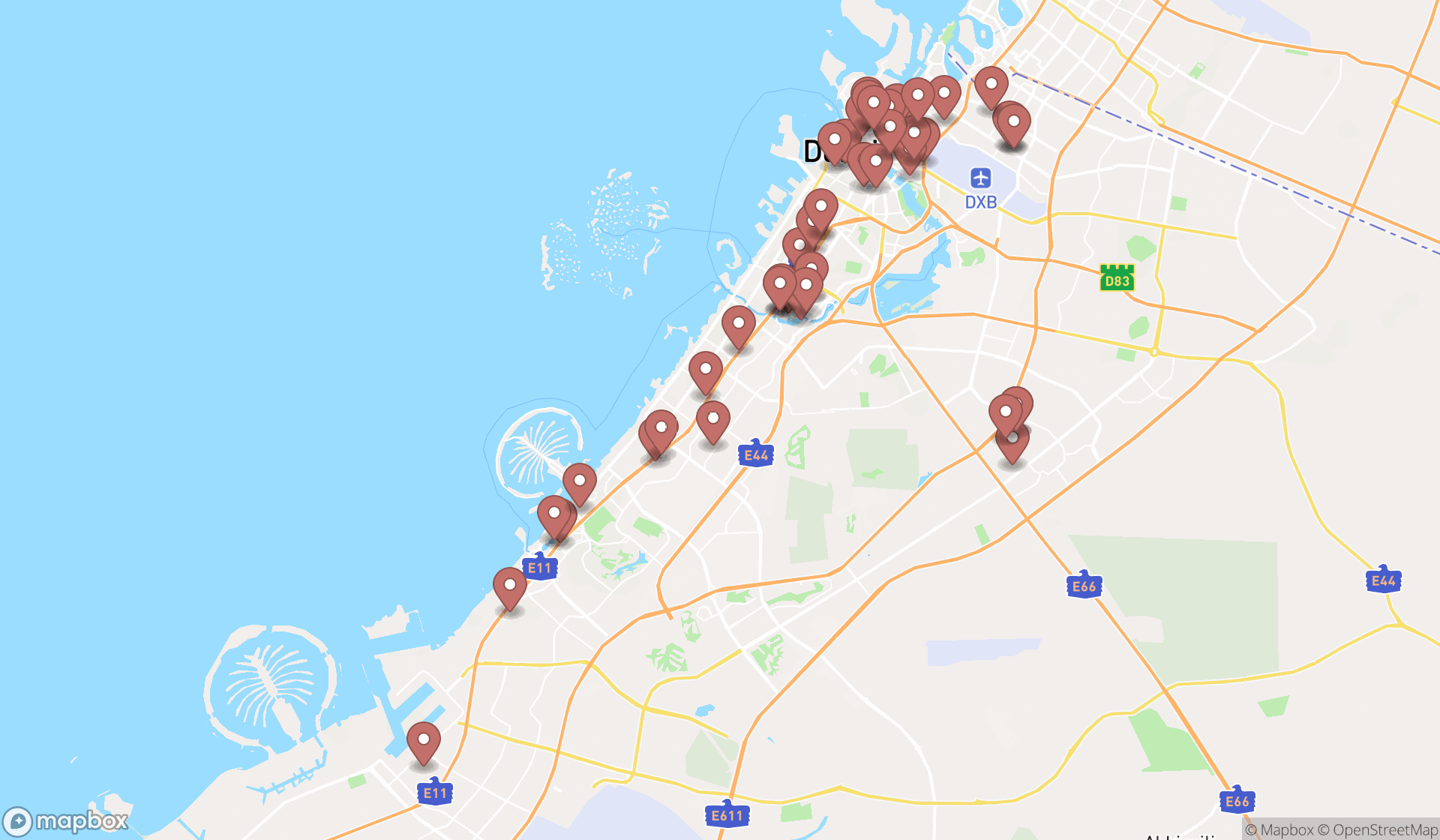 Map showing the search results in Dubai