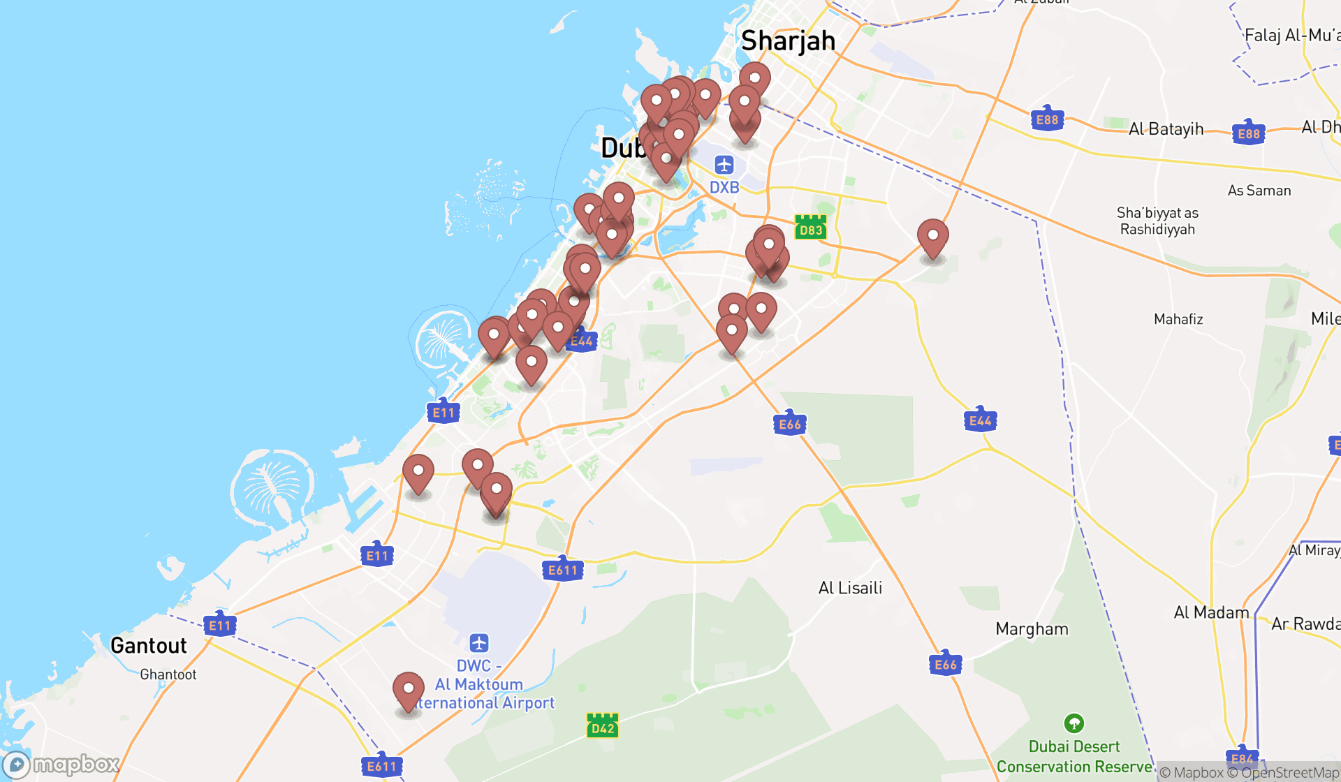 Map showing the search results in Dubai