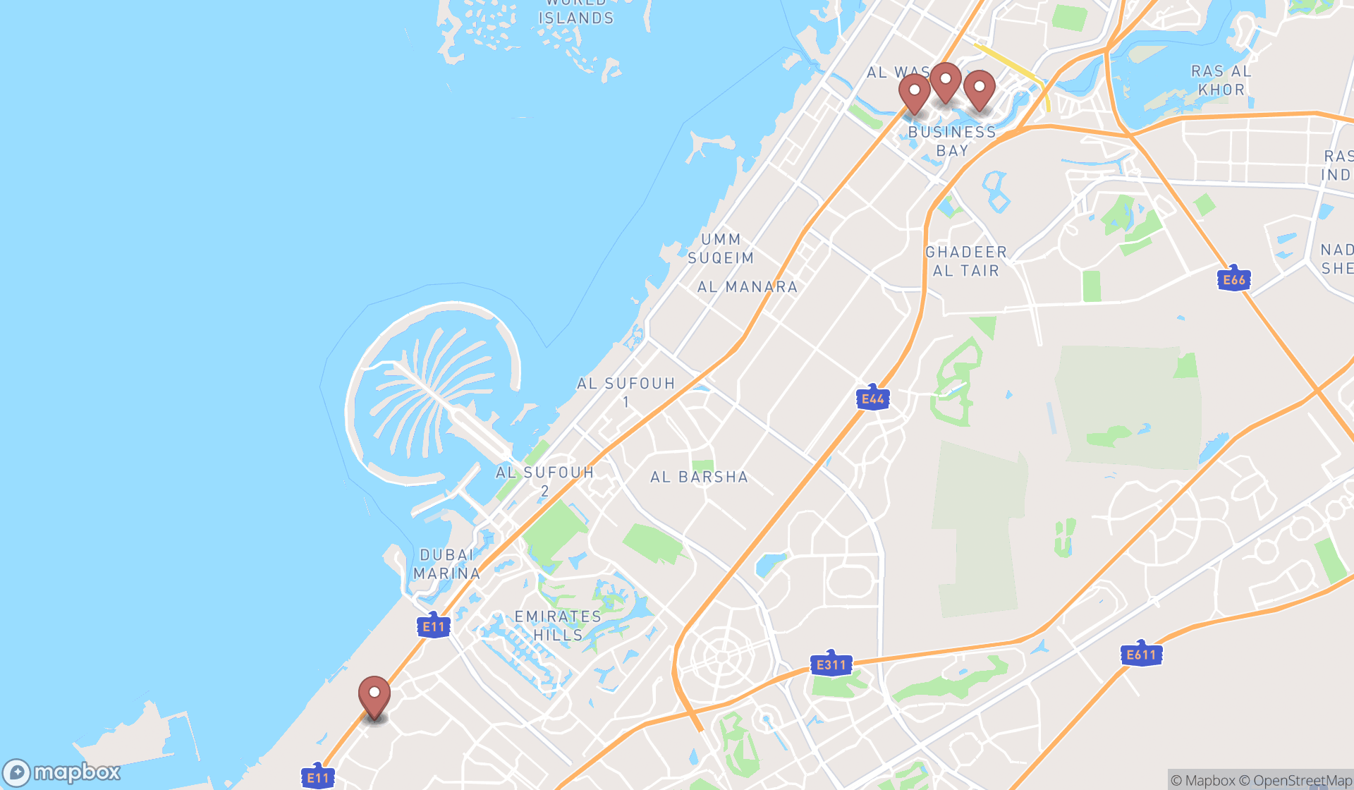 Map showing the search results in Dubai