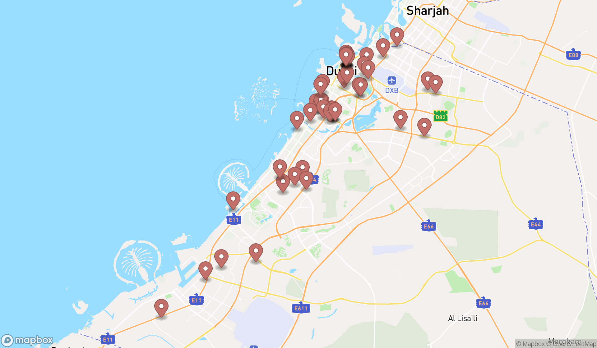 Map showing the search results in Dubai