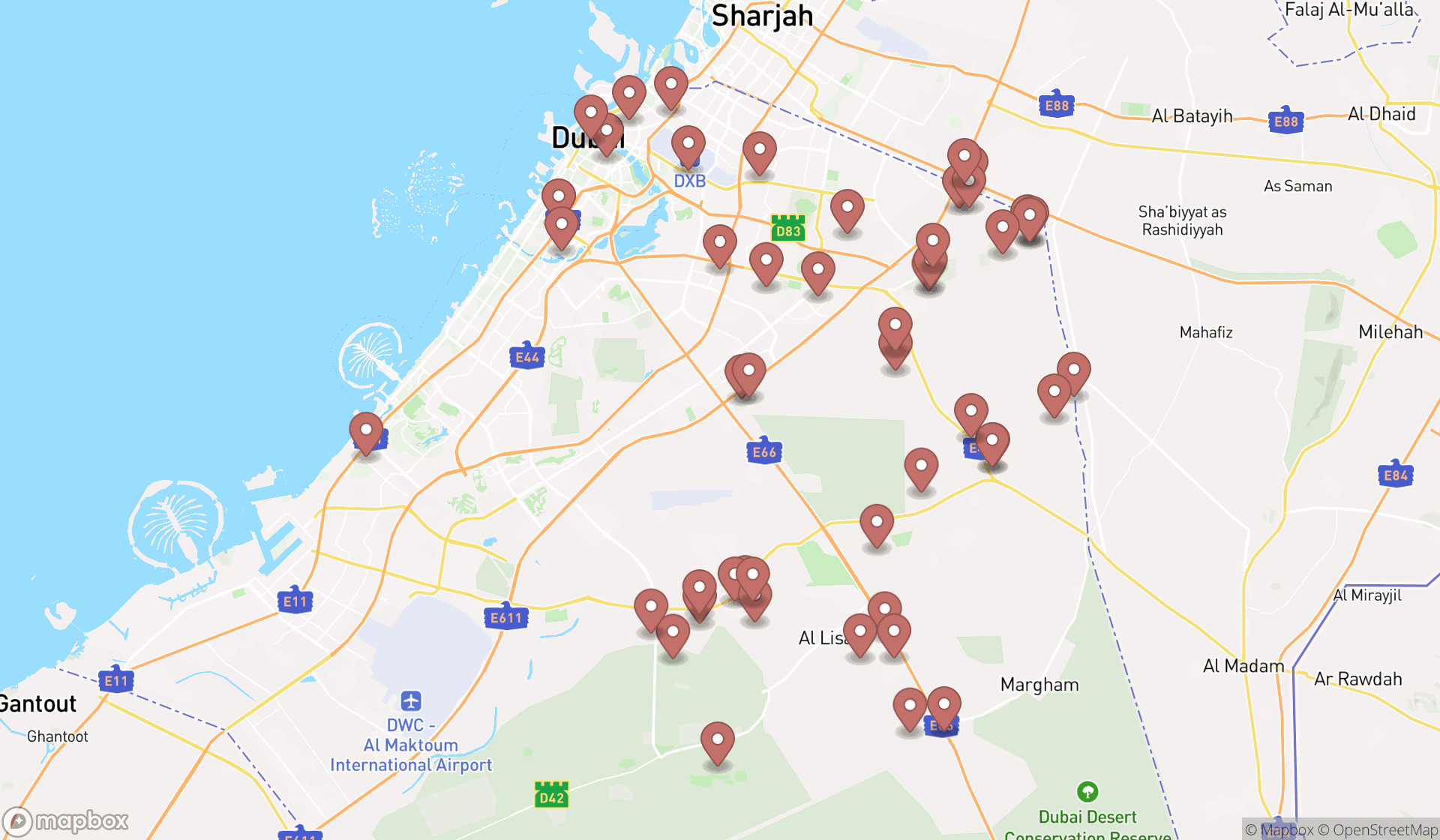 Map showing the search results in Dubai