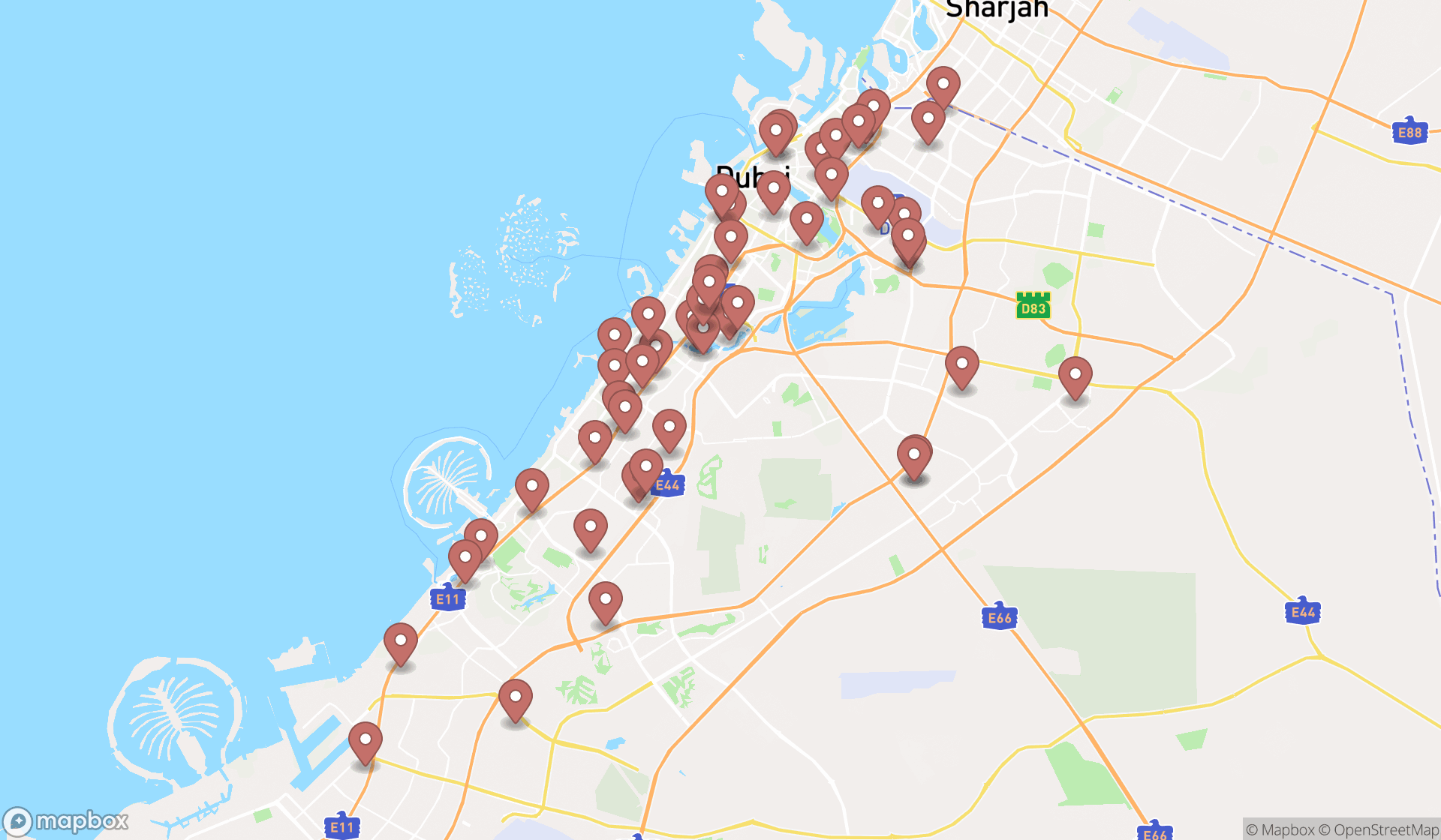 Map showing the search results in Dubai