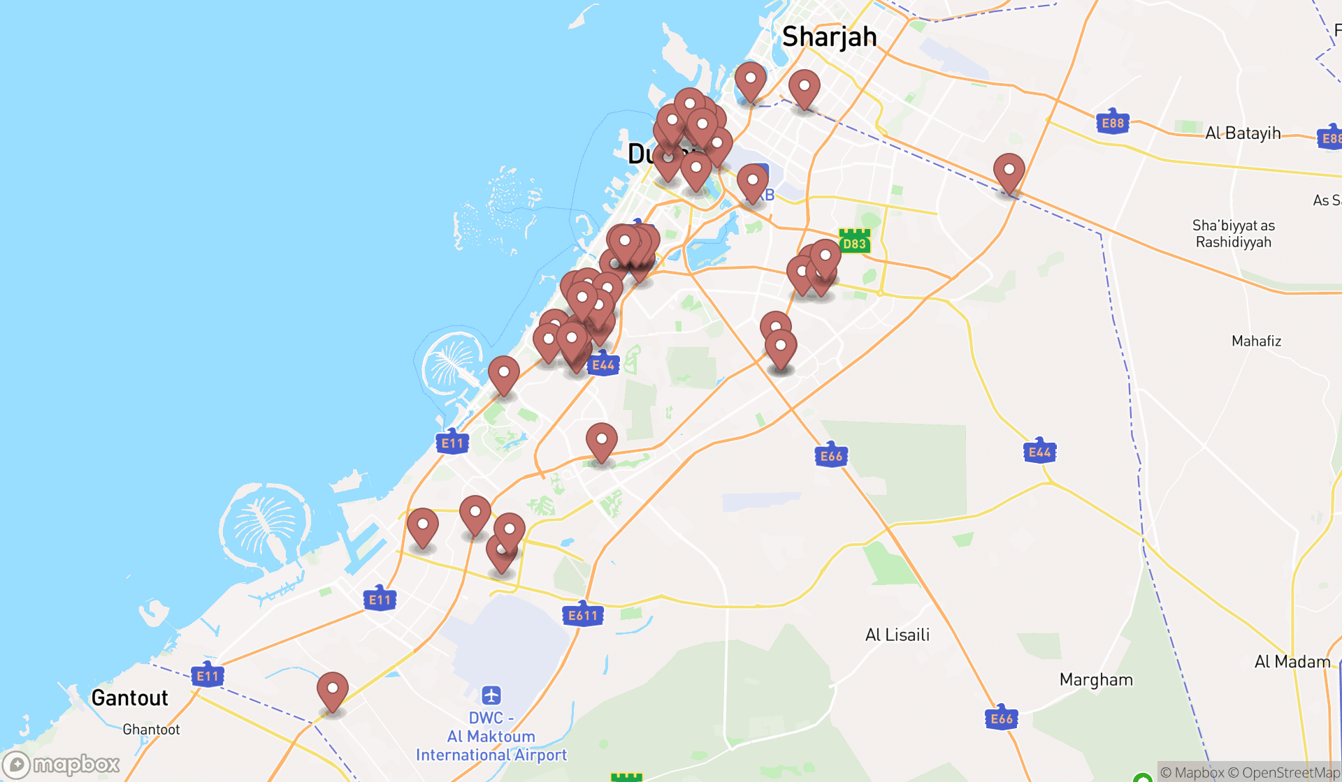Map showing the search results in Dubai