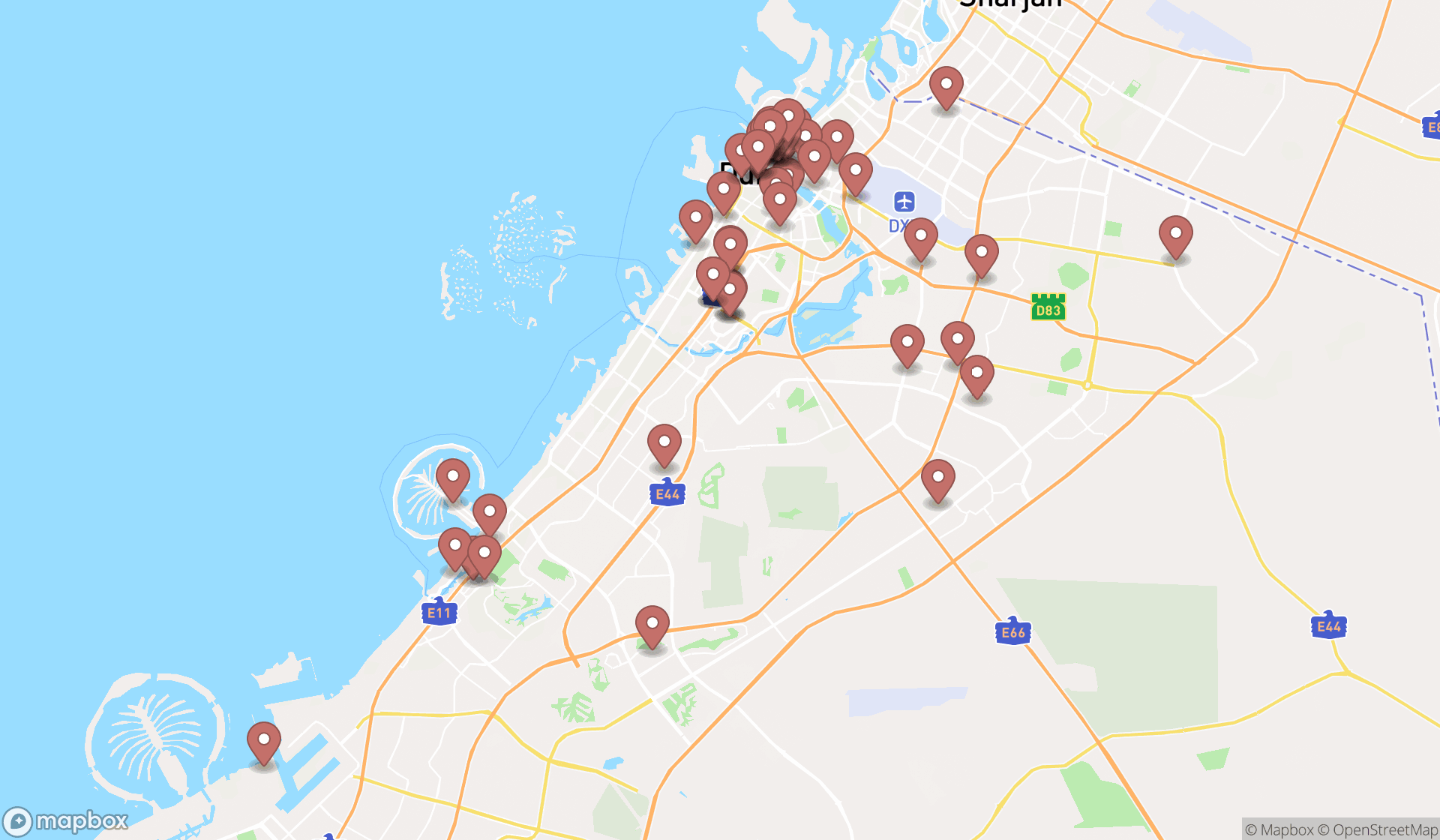 Map showing the search results in Dubai