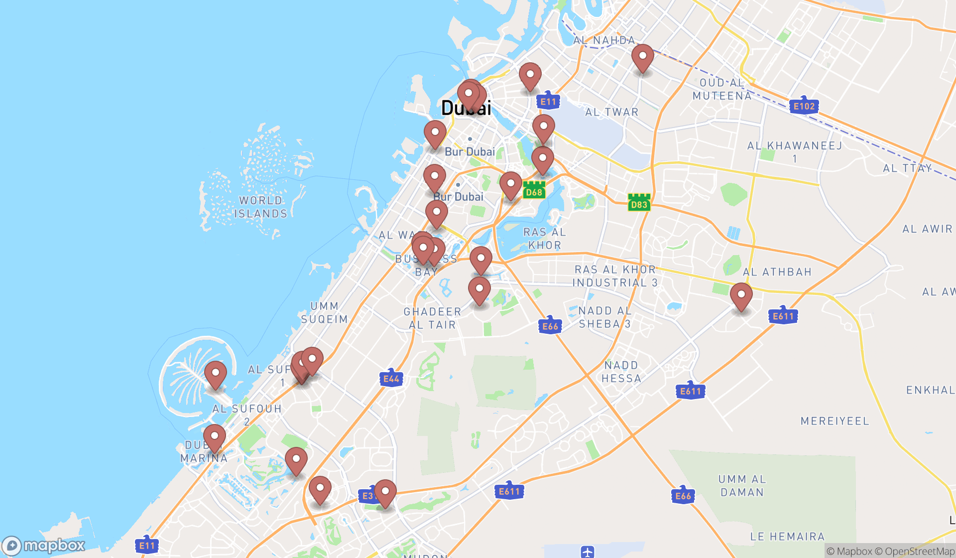 Map showing the search results in Dubai