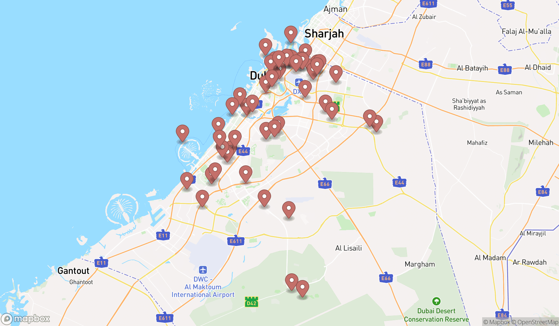 Map showing the search results in Dubai