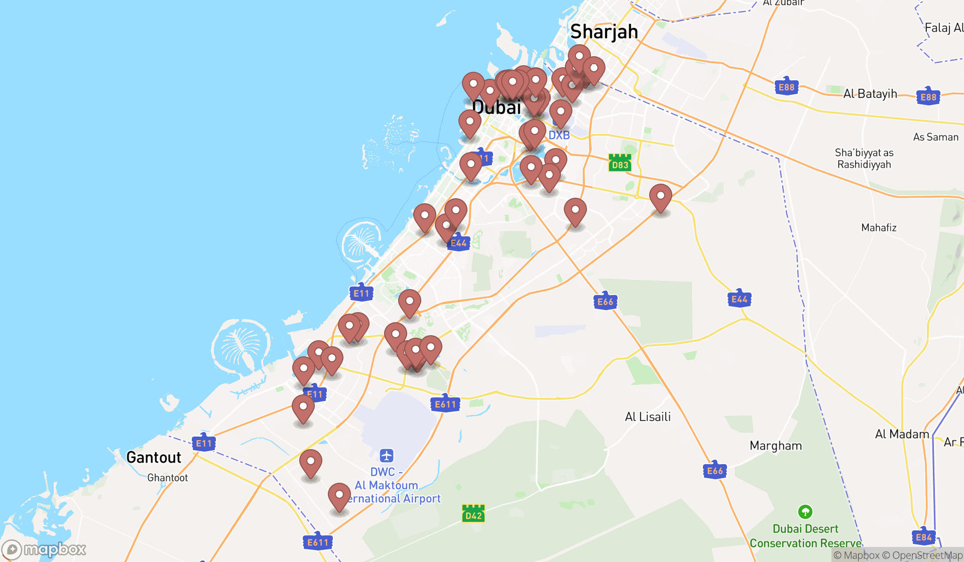 Map showing the search results in Dubai