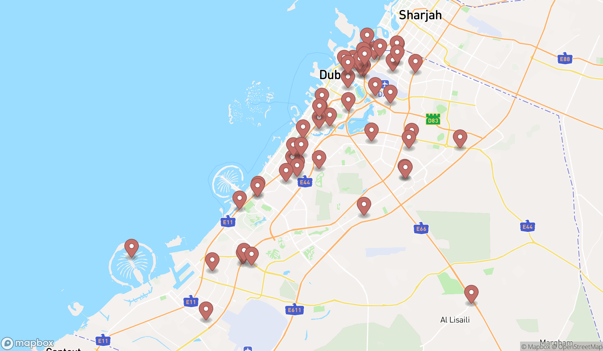 Map showing the search results in Dubai