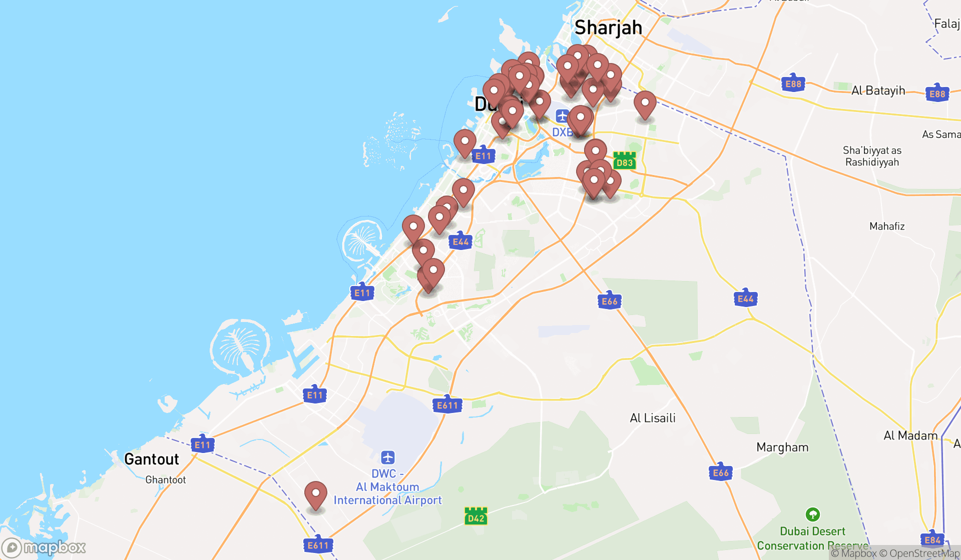 Map showing the search results in Dubai