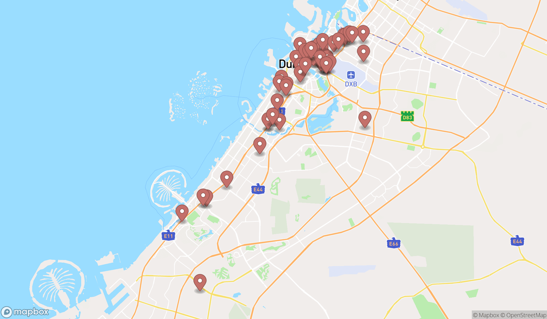 Map showing the search results in Dubai