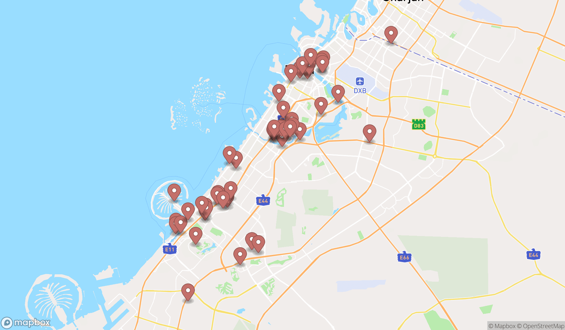 Map showing the search results in Dubai