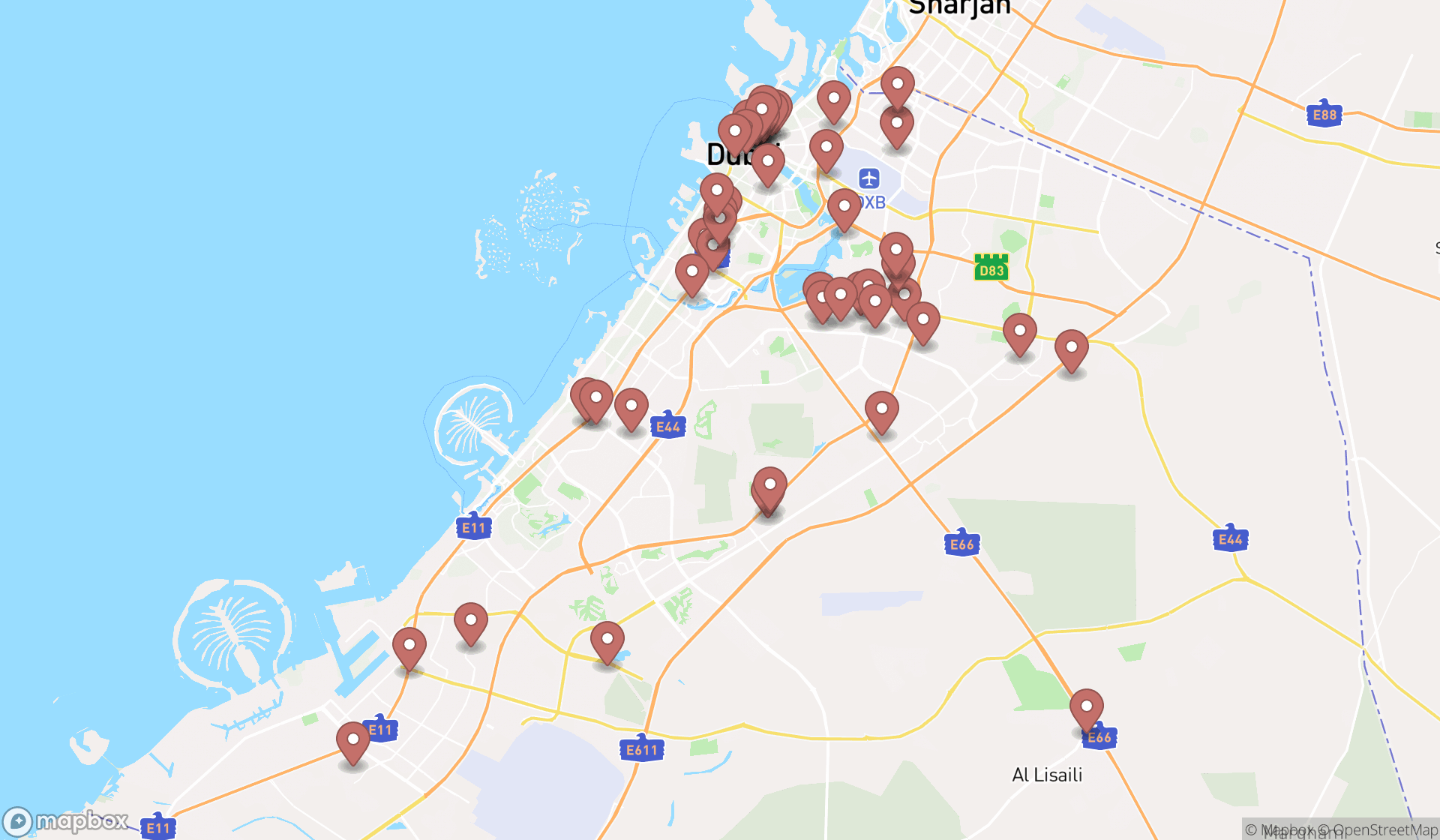 Map showing the search results in Dubai