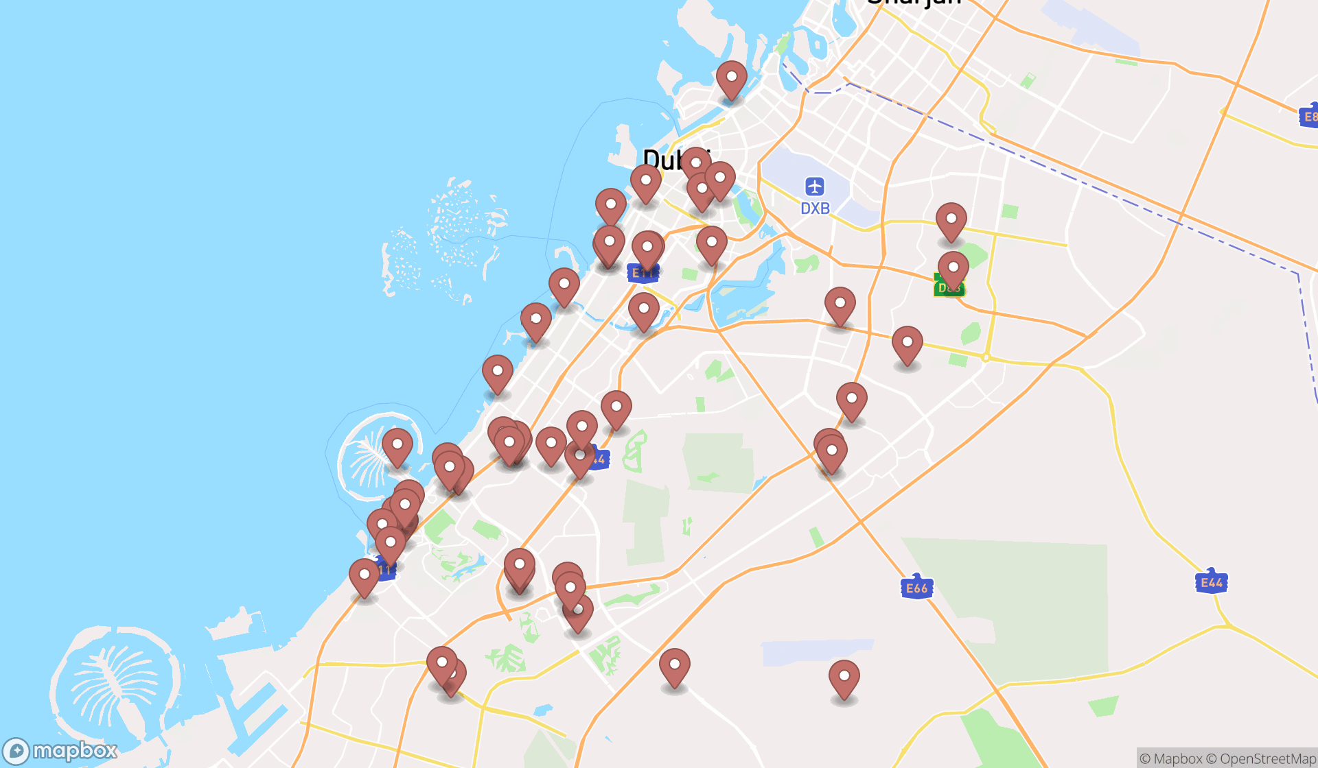 Map showing the search results in Dubai