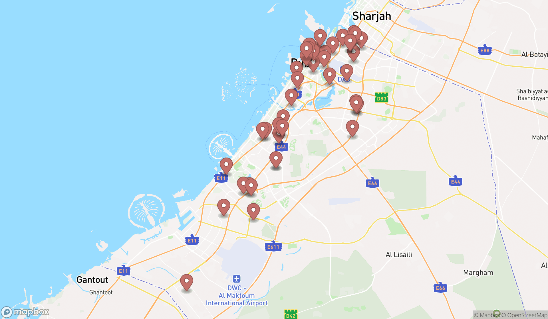 Map showing the search results in Dubai