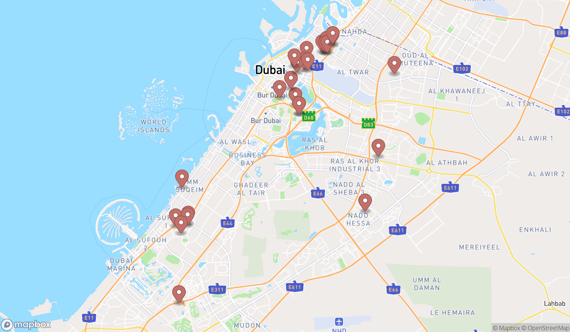 Map showing the search results in Dubai