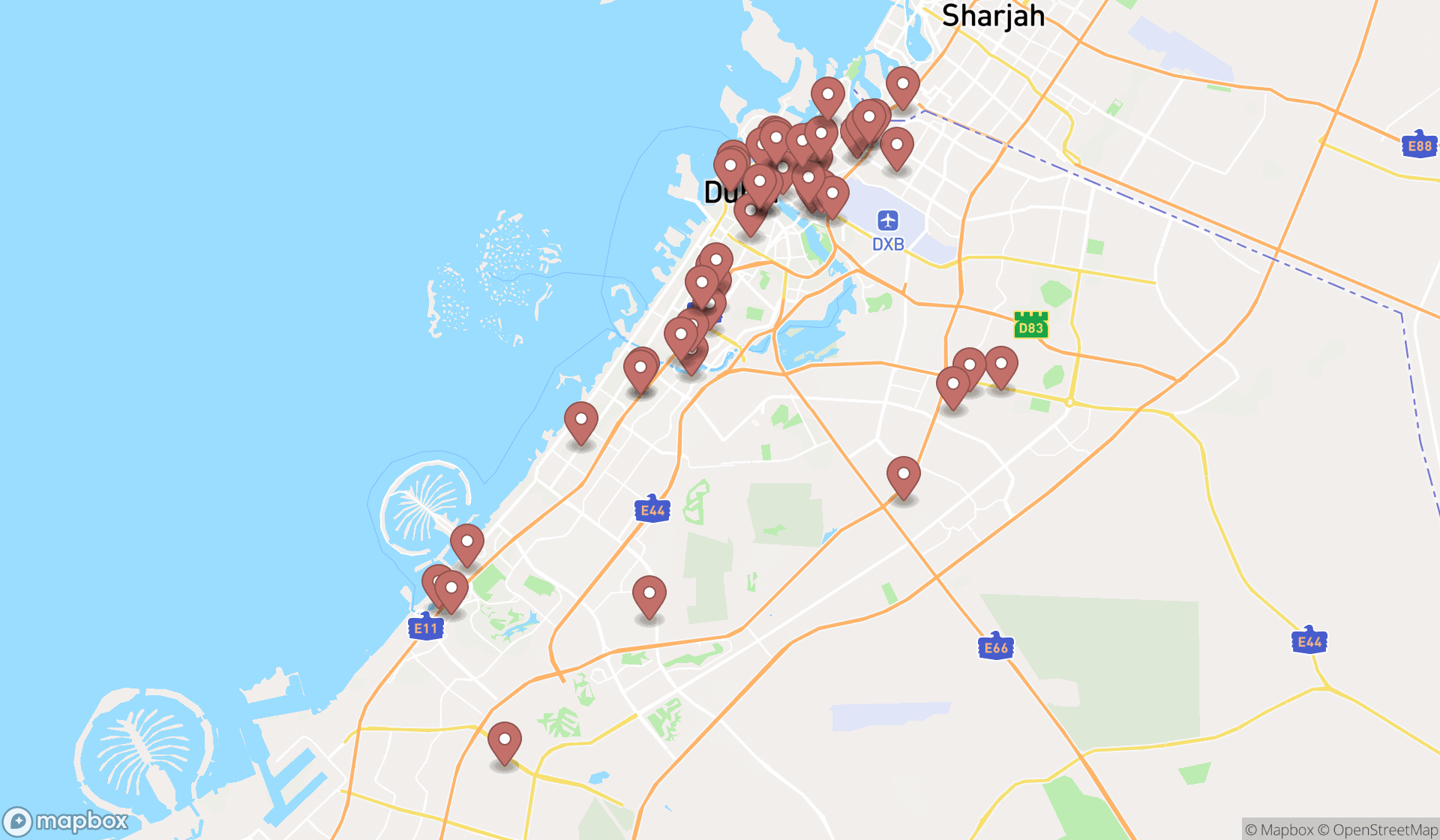 Map showing the search results in Dubai
