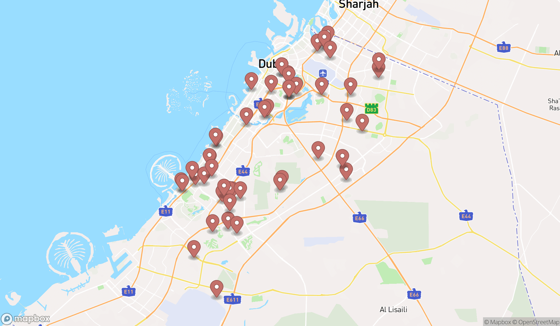 Map showing the search results in Dubai