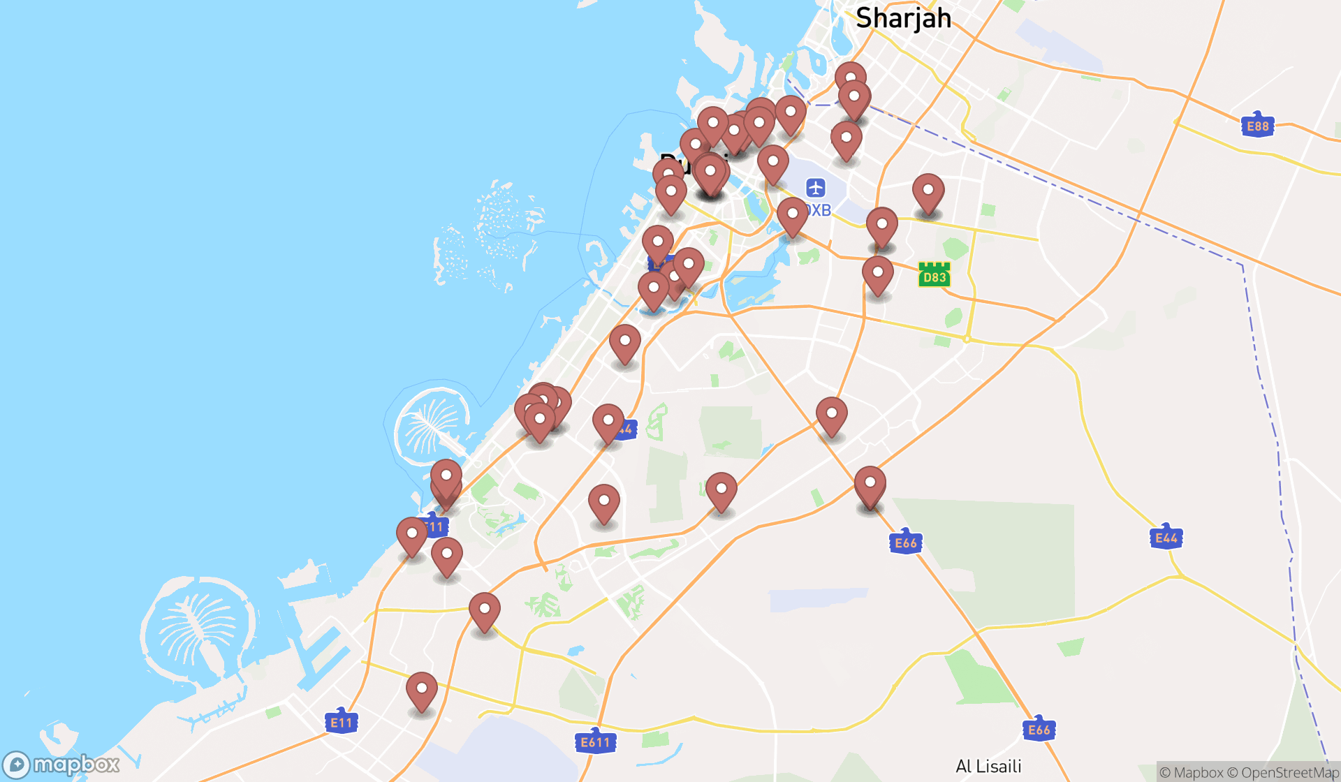 Map showing the search results in Dubai