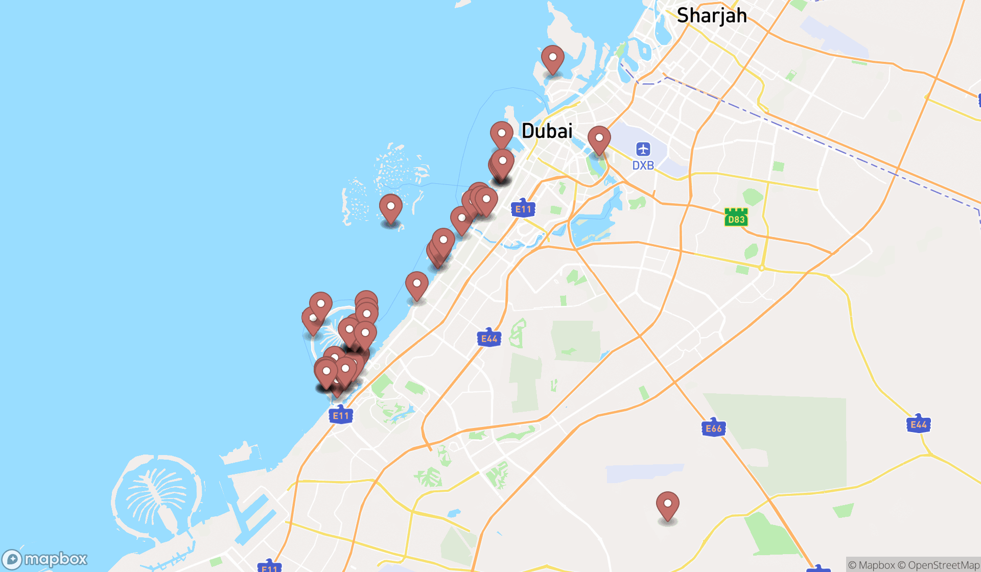 Map showing the search results in Dubai