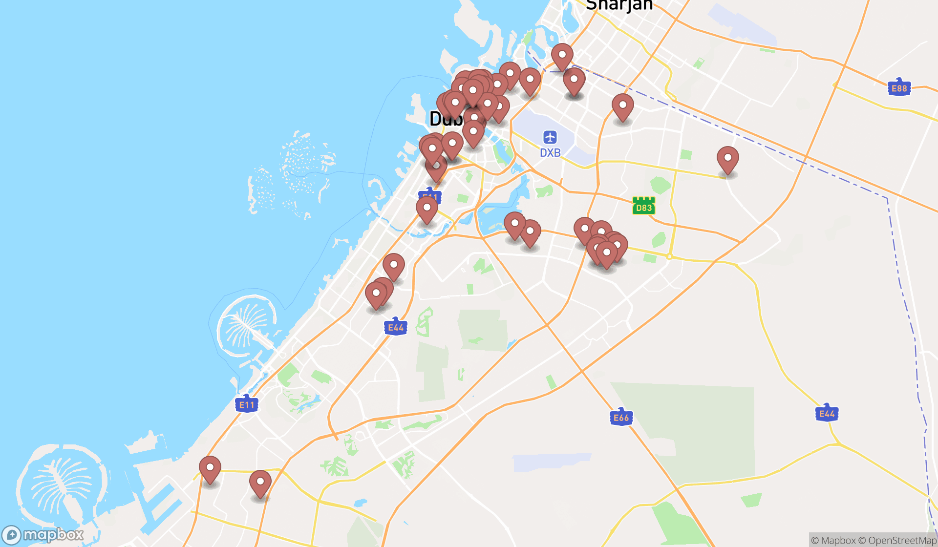 Map showing the search results in Dubai