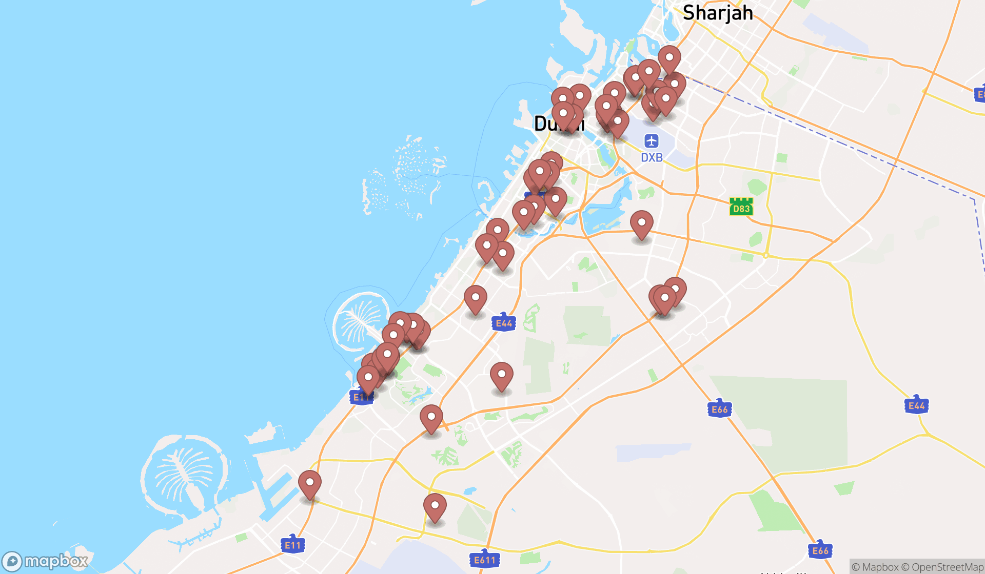 Map showing the search results in Dubai