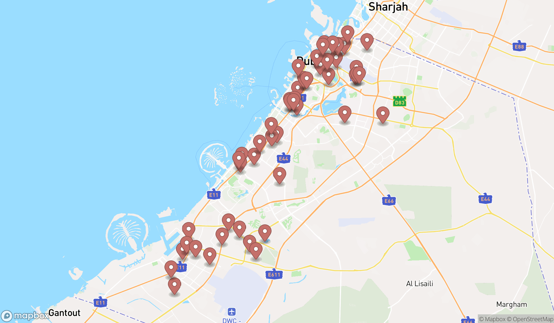 Map showing the search results in Dubai