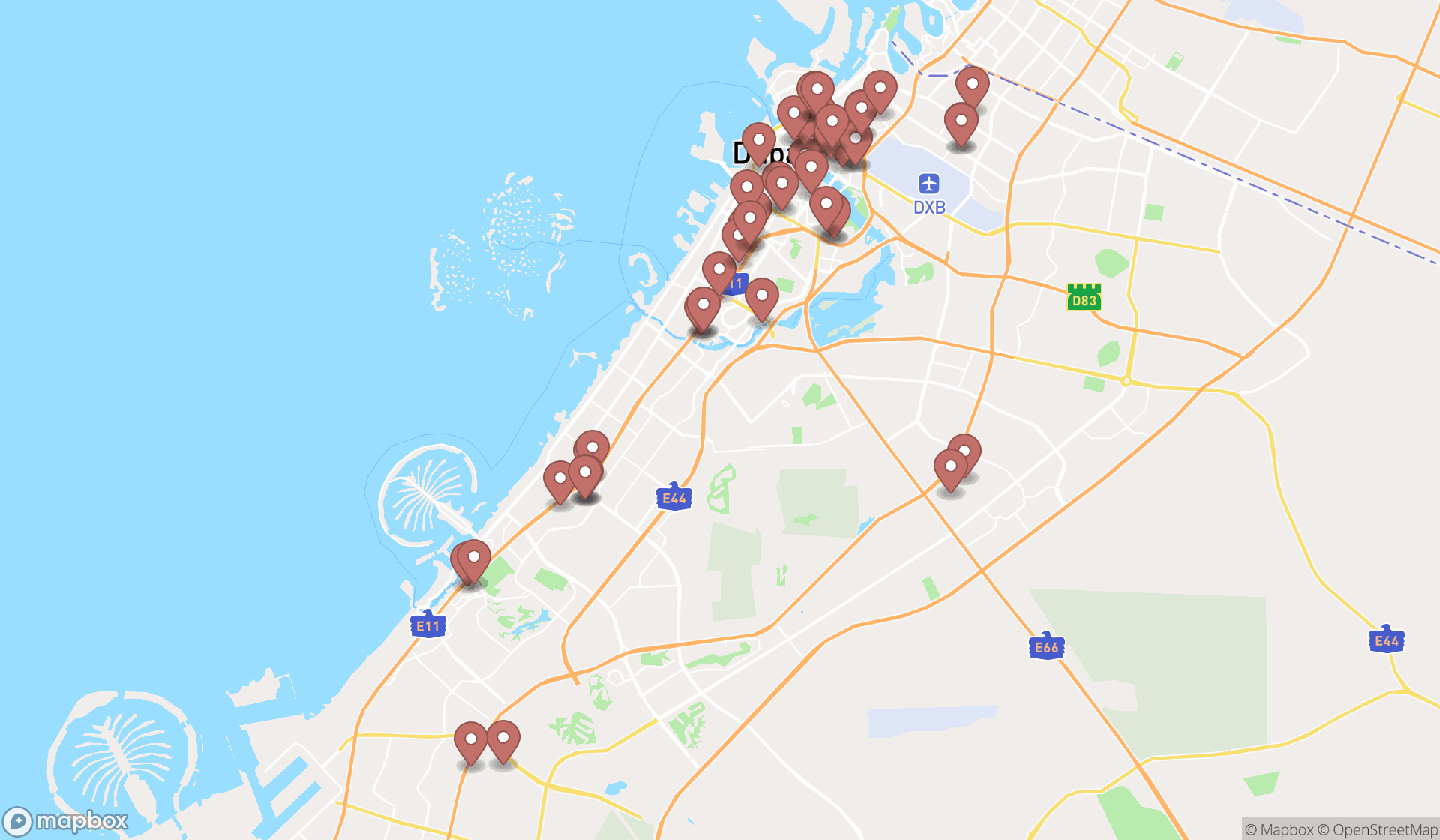 Map showing the search results in Dubai