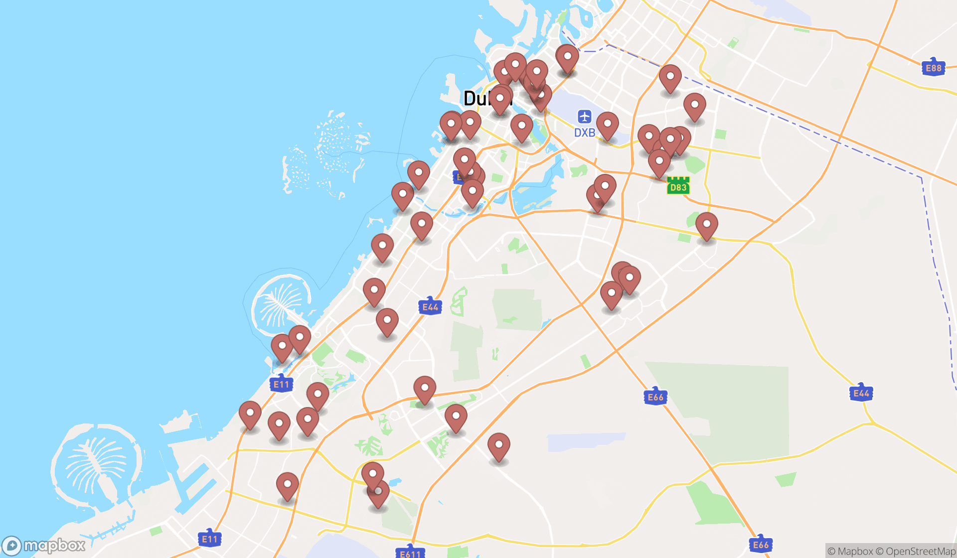 Map showing the search results in Dubai