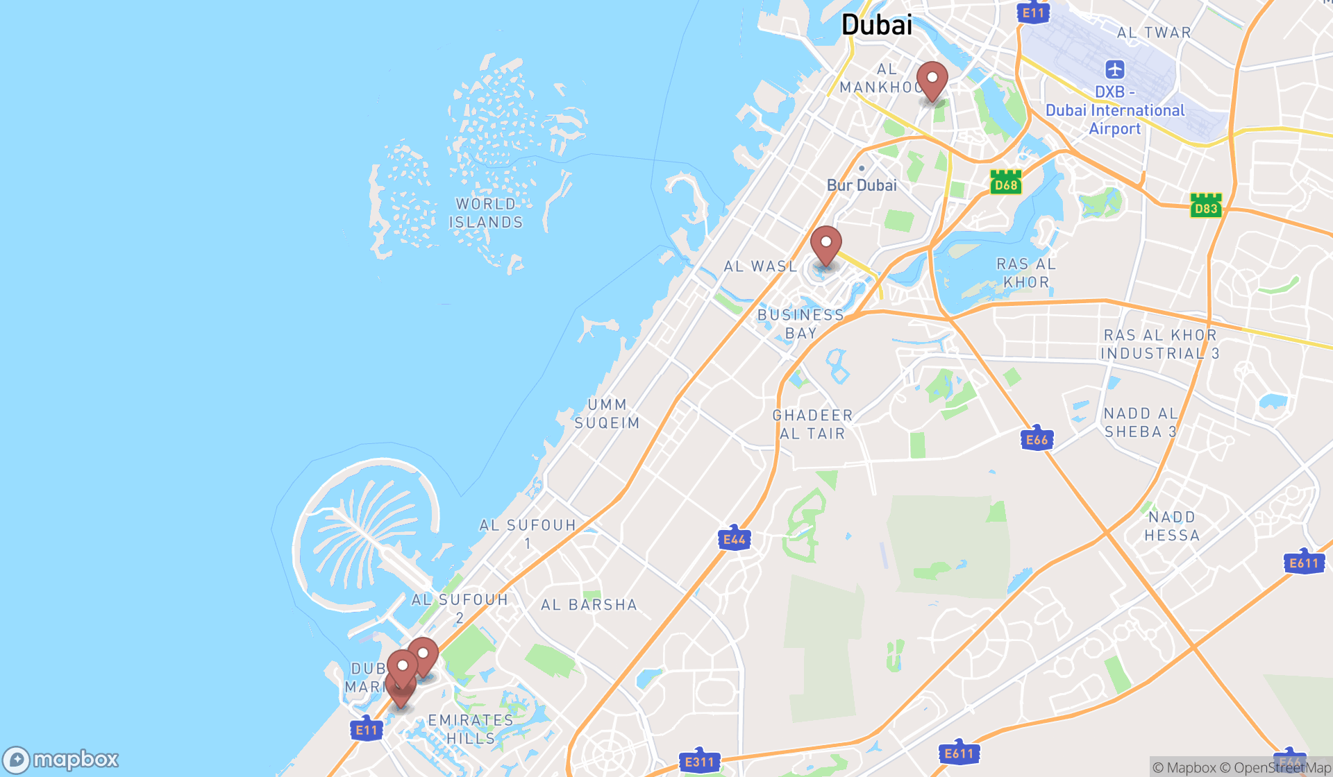 Map showing the search results in Dubai